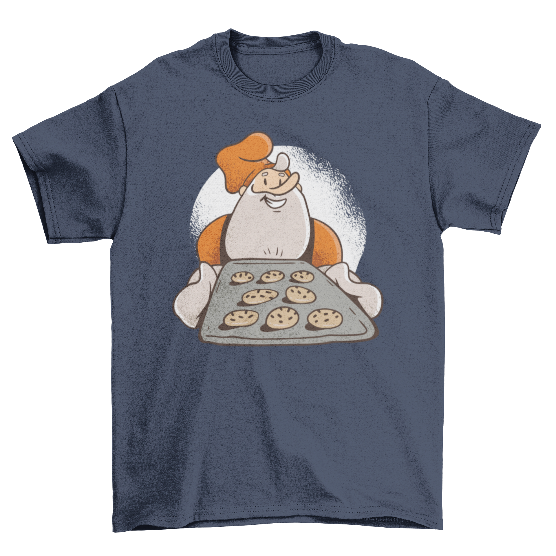 A festive t-shirt featuring a cartoon Santa baking cookies, perfect for Christmas celebrations.