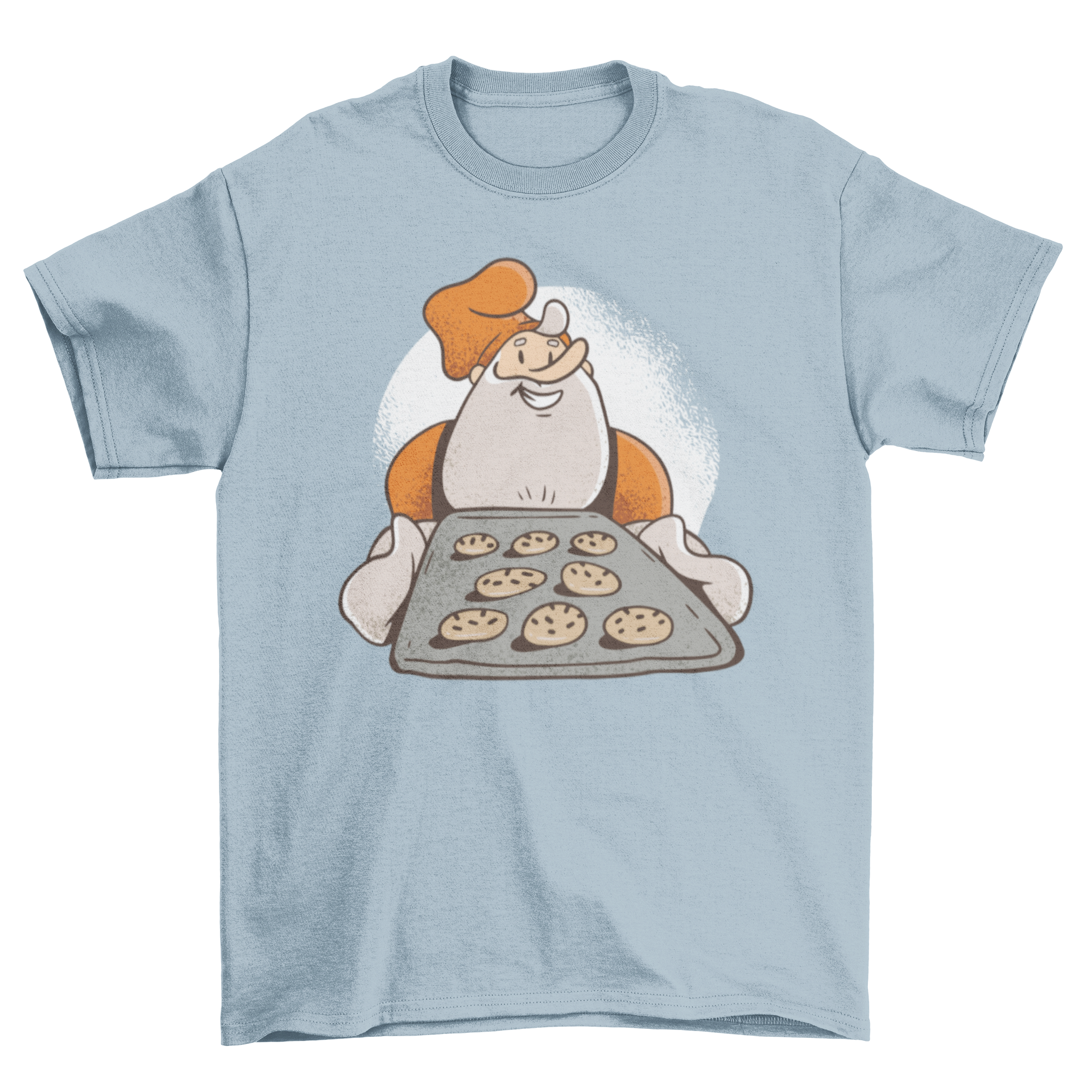 A festive t-shirt featuring a cartoon Santa baking cookies, perfect for Christmas celebrations.
