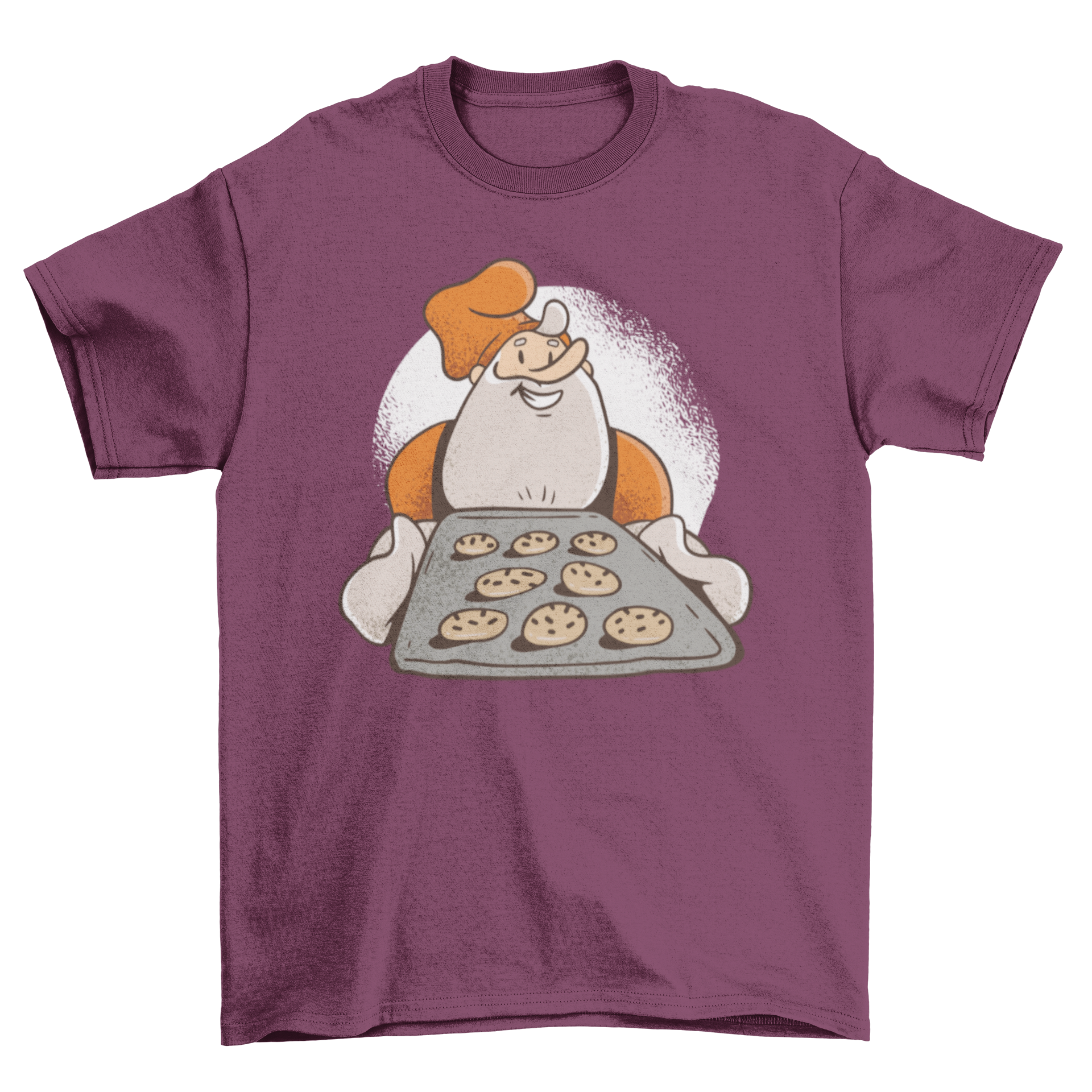 A festive t-shirt featuring a cartoon Santa baking cookies, perfect for Christmas celebrations.