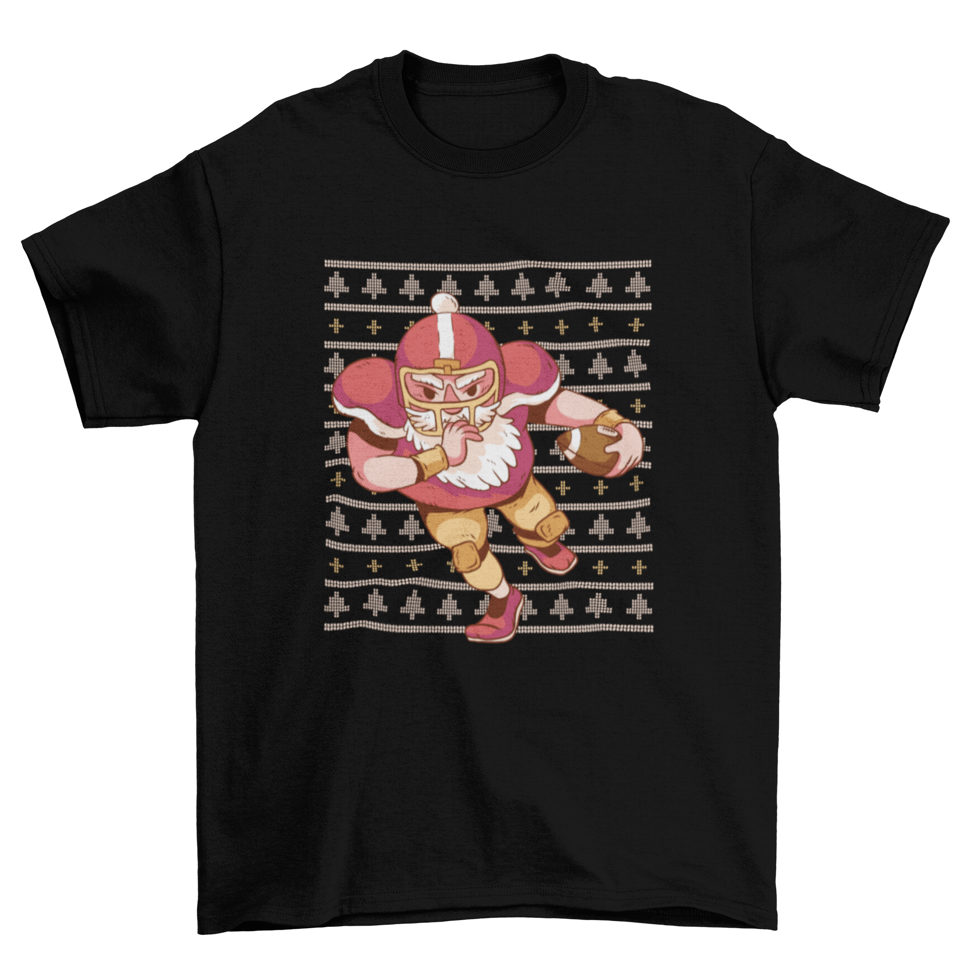 Santa Claus playing football on a festive Christmas T-shirt, showcasing a fun holiday design.