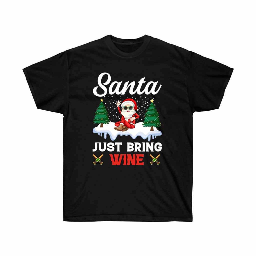Santa Just Being Wine Holiday T-shirt featuring a festive design, made from 100% soft cotton, perfect for Christmas celebrations.