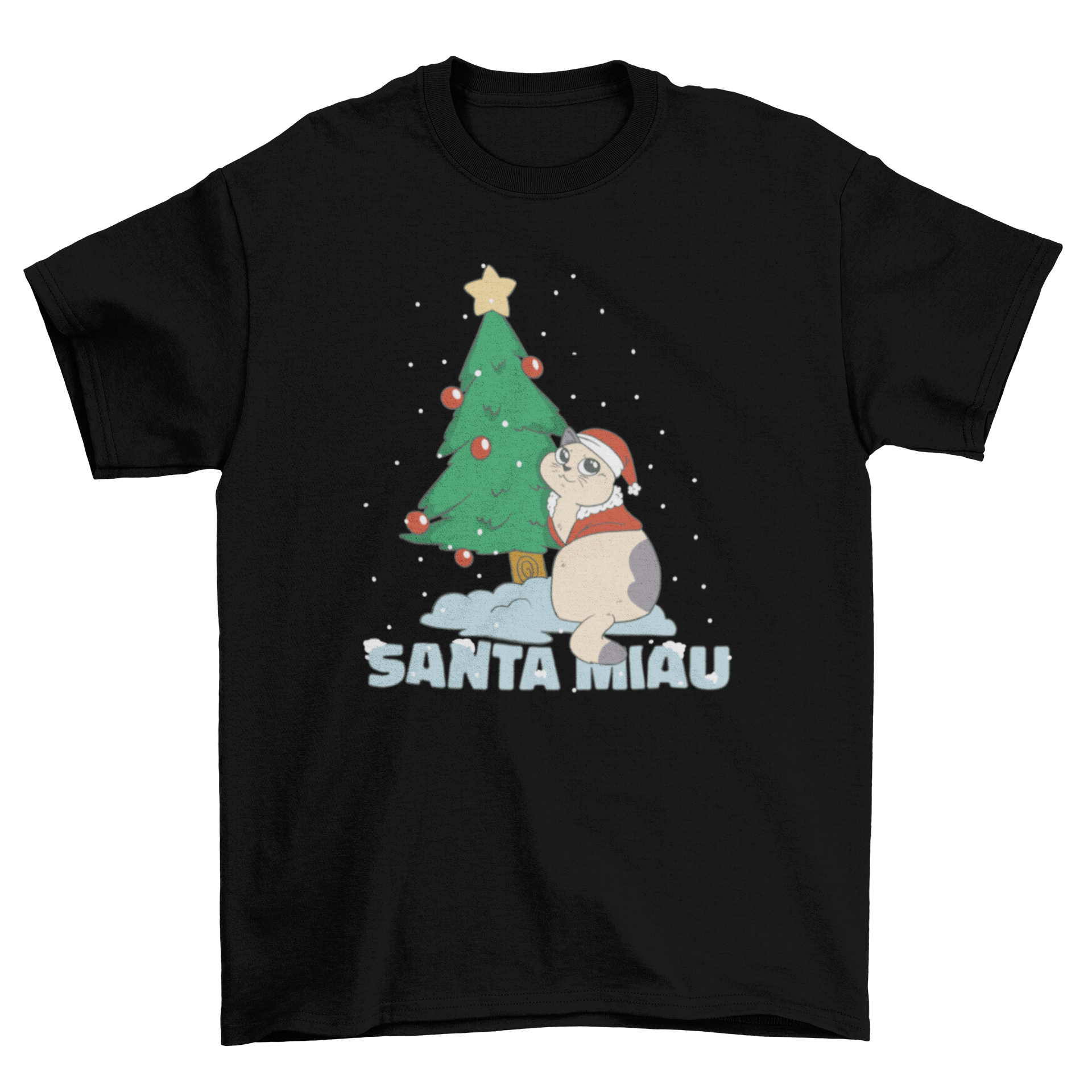 Santa Miau Christmas cat t-shirt featuring a cute kitty in a Santa hat next to a decorated Christmas tree.