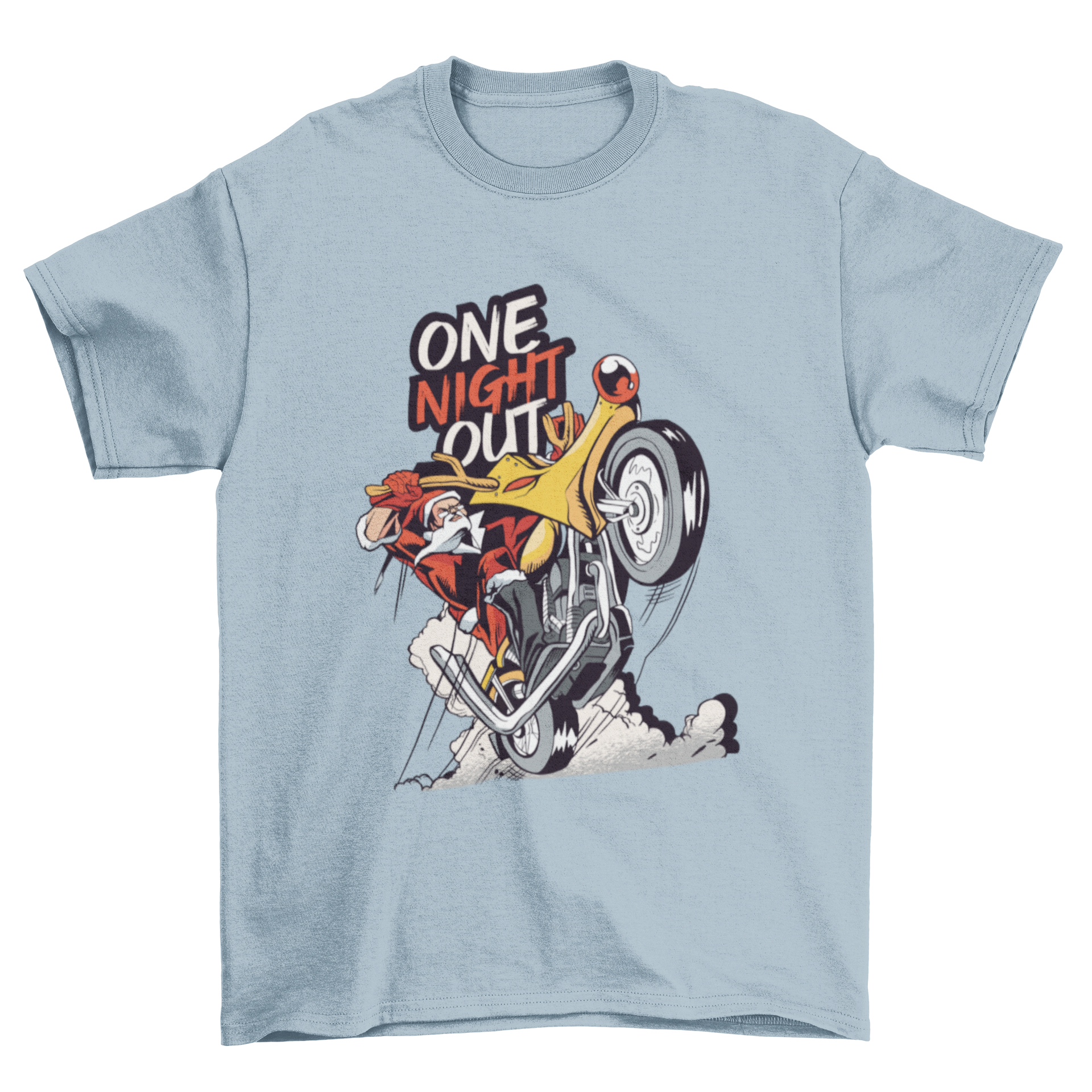 Santa Claus riding a reindeer motorbike on a festive t-shirt design with 'One night out' lettering.