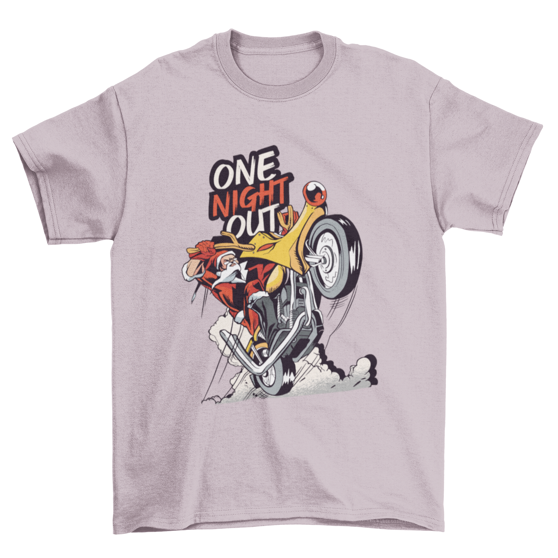 Santa Claus riding a reindeer motorbike on a festive t-shirt design with 'One night out' lettering.