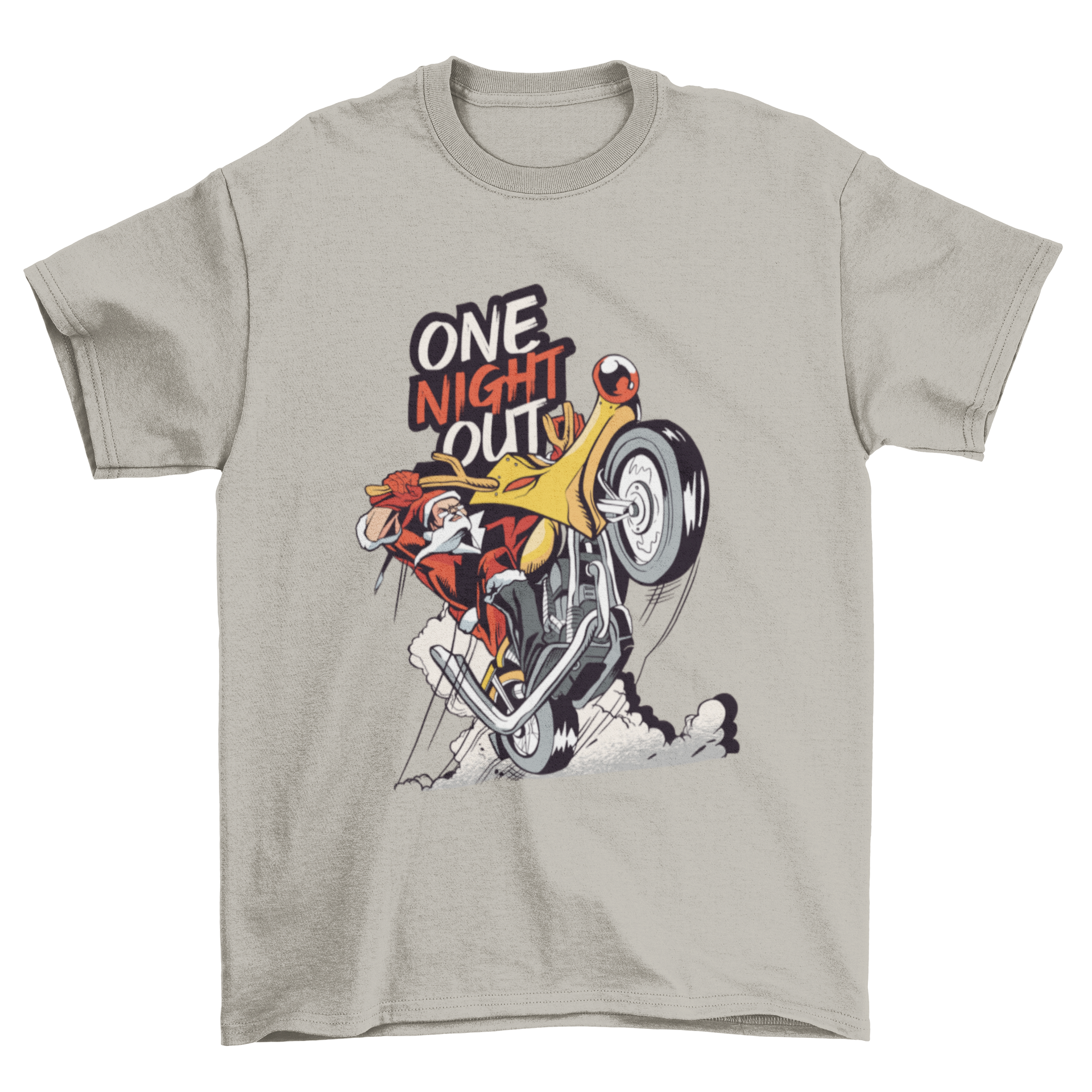 Santa Claus riding a reindeer motorbike on a festive t-shirt design with 'One night out' lettering.