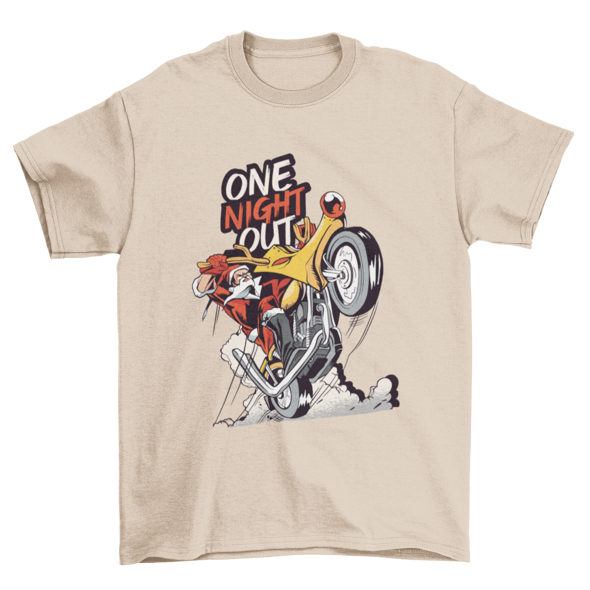 Santa Claus riding a reindeer motorbike on a festive t-shirt design with 'One night out' lettering.