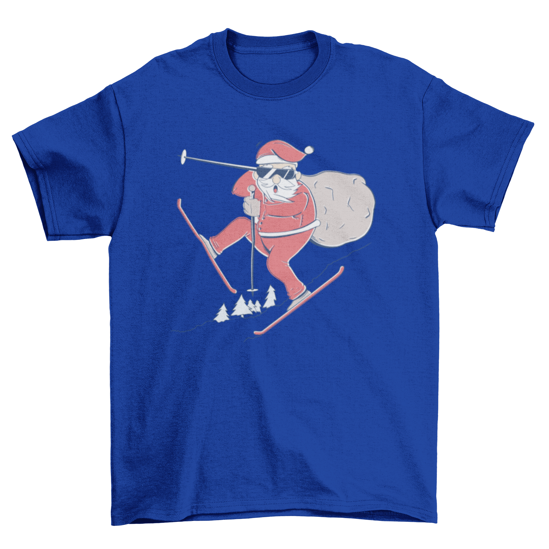 Santa Claus skiing with a bag of gifts on a t-shirt design.
