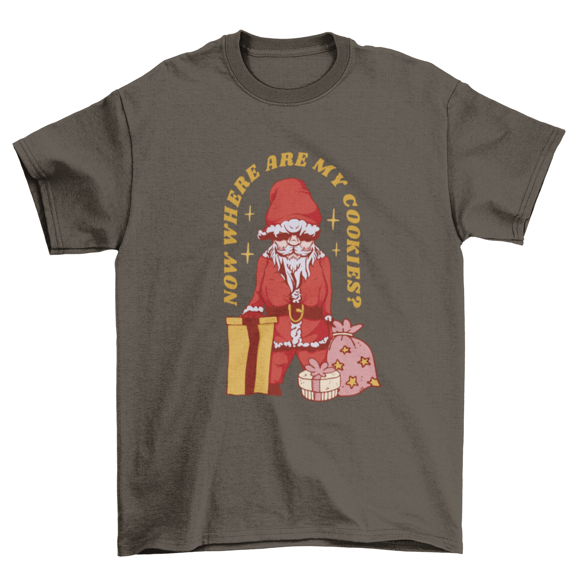 Funny Christmas t-shirt design featuring Santa Claus with gifts and a humorous quote about cookies.