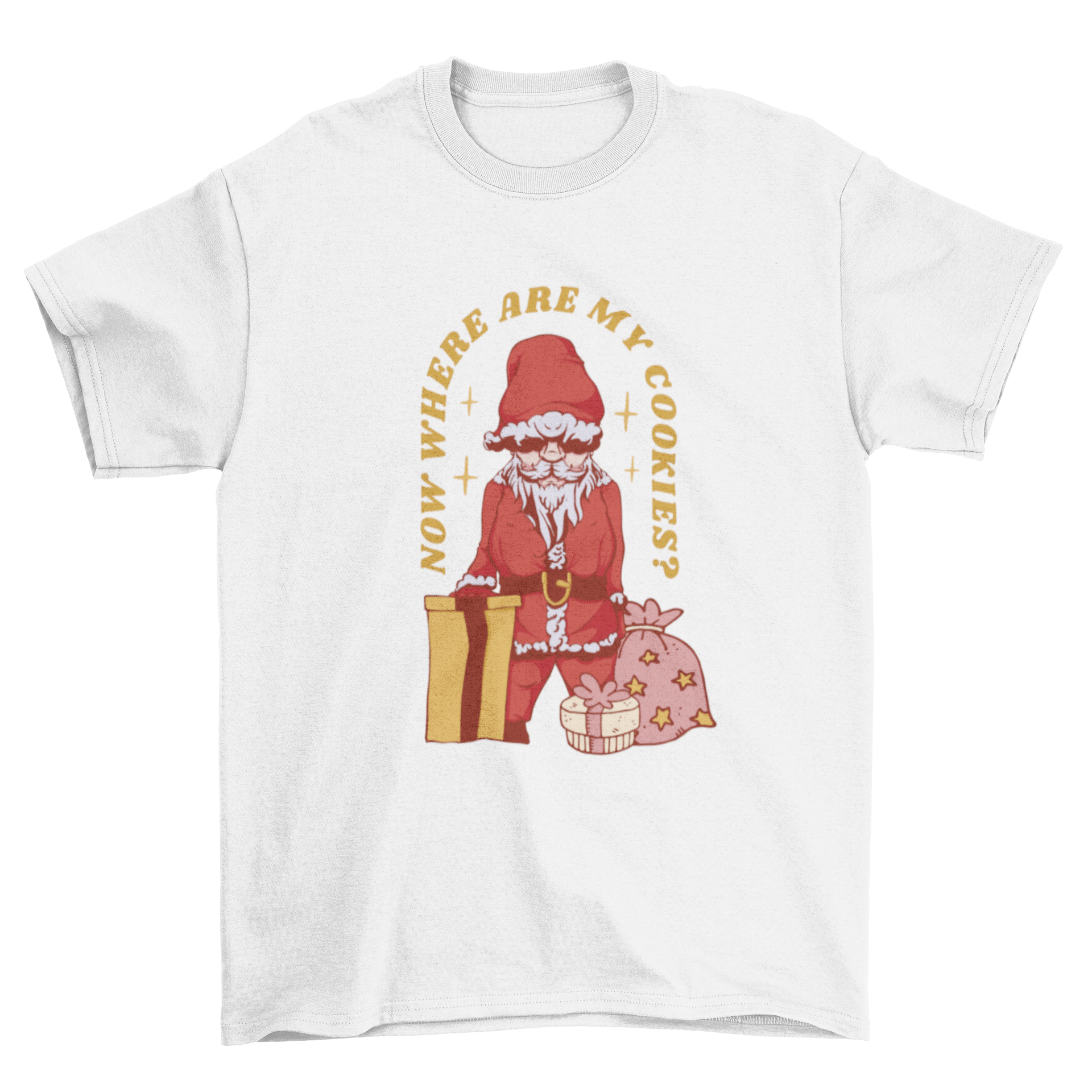 Funny Christmas t-shirt design featuring Santa Claus with gifts and a humorous quote about cookies.