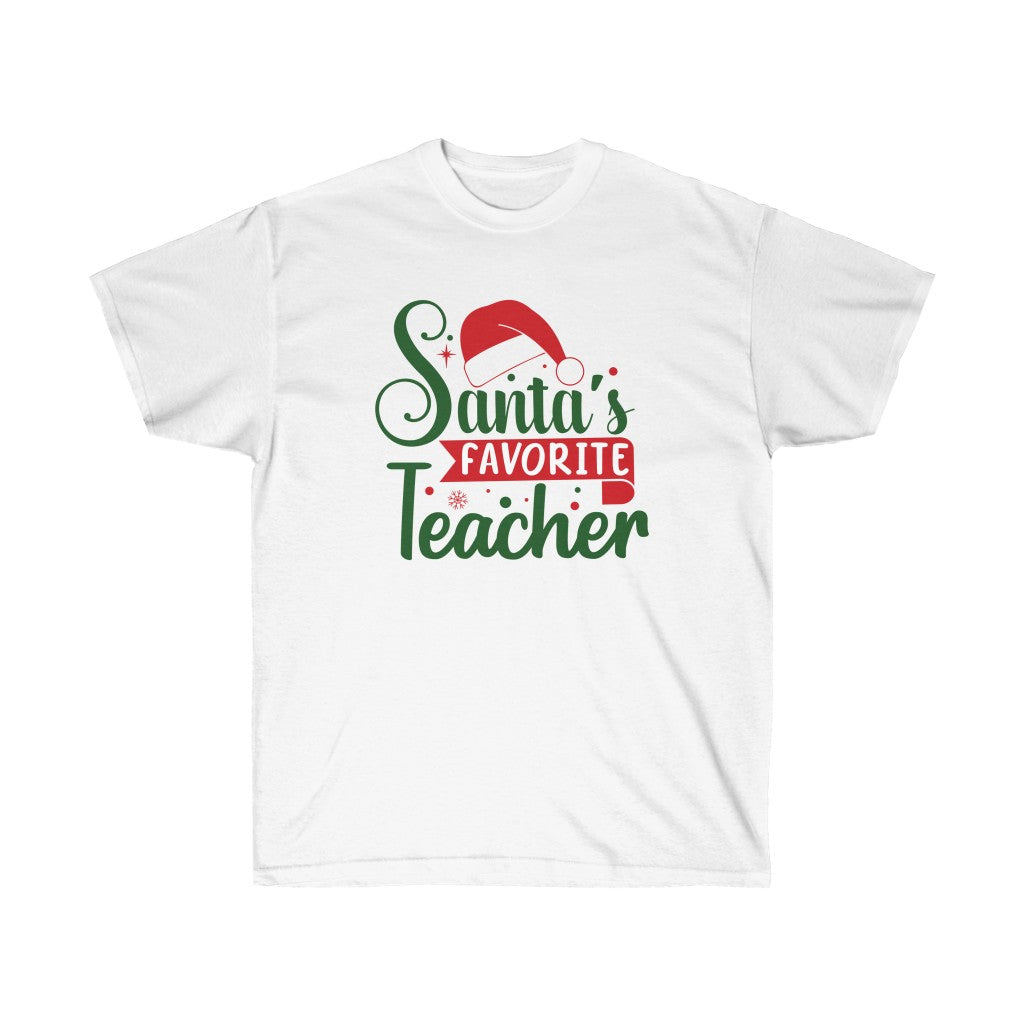 Santa's Favorite Teacher Holiday T-Shirt featuring festive design, unisex fit, and soft fabric, perfect for holiday celebrations.