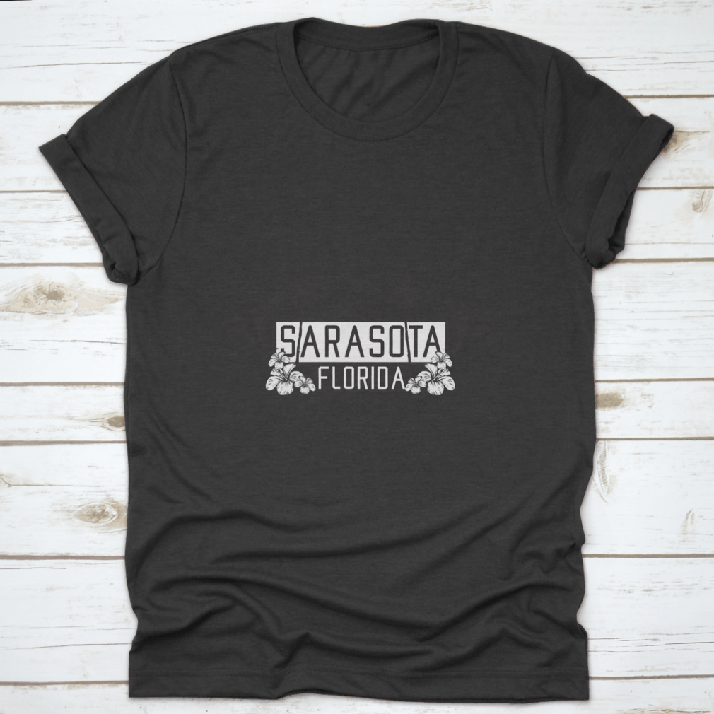 Black and white graphic t-shirt featuring a dolphin design, representing Sarasota Florida Palm Beach.