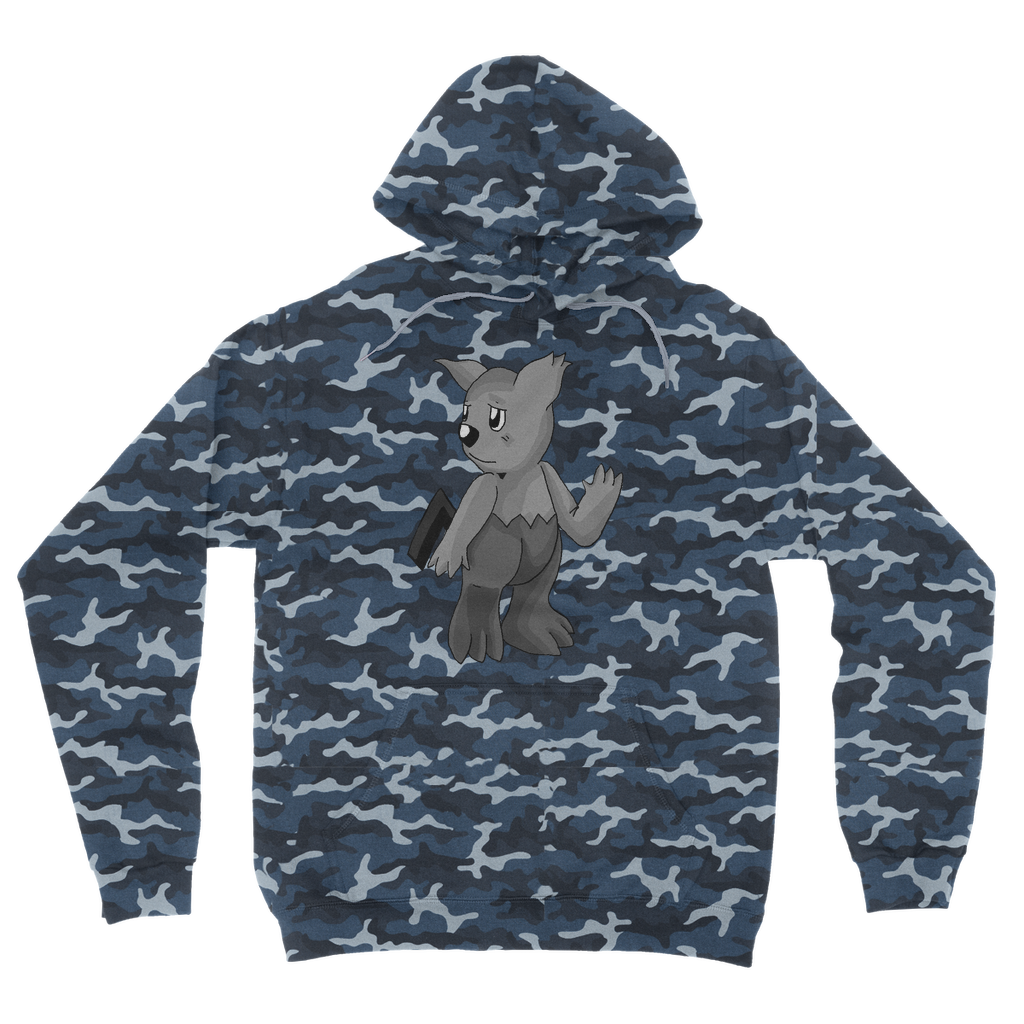 Sarcoot Camouflage Adult Hoodie featuring an all-over camo design, double fabric hood, and kangaroo pouch pocket.