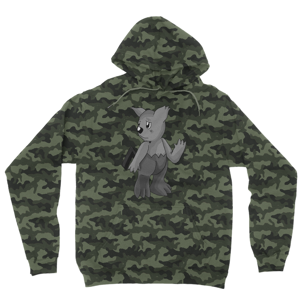 Sarcoot Camouflage Adult Hoodie featuring an all-over camo design, double fabric hood, and kangaroo pouch pocket.