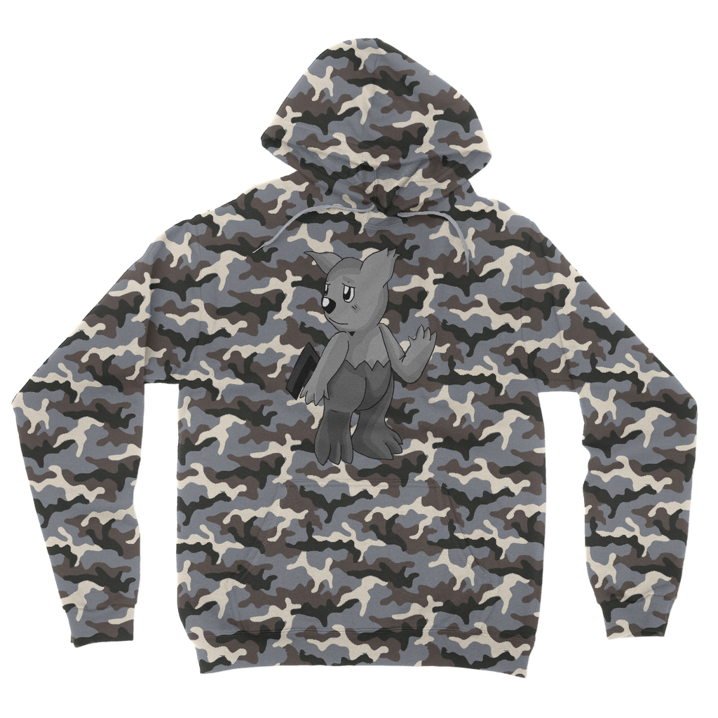 Sarcoot Camouflage Adult Hoodie featuring an all-over camo design, double fabric hood, and kangaroo pouch pocket.