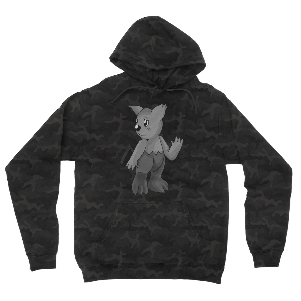 Sarcoot Camouflage Adult Hoodie featuring an all-over camo design, double fabric hood, and kangaroo pouch pocket.