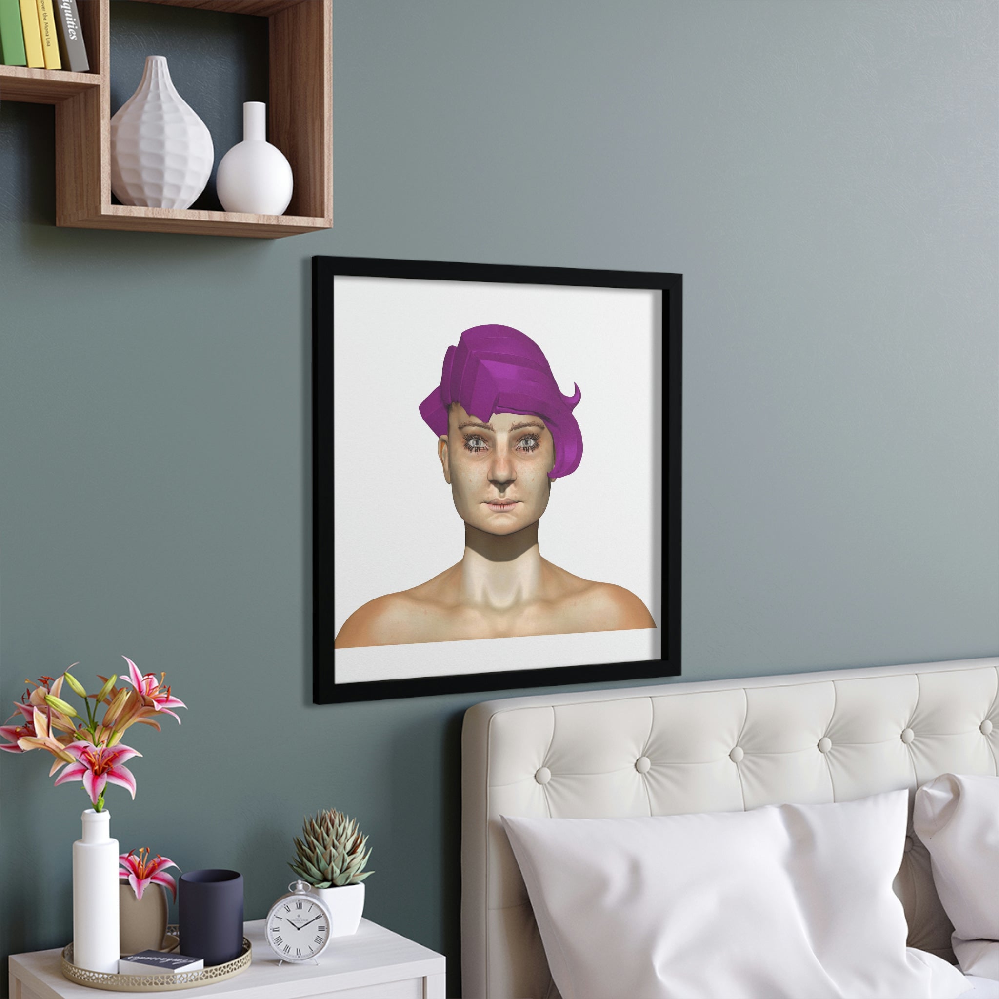 Sarlotta Framed Poster featuring a hand-crafted wooden frame and vibrant custom design, perfect for home decor.