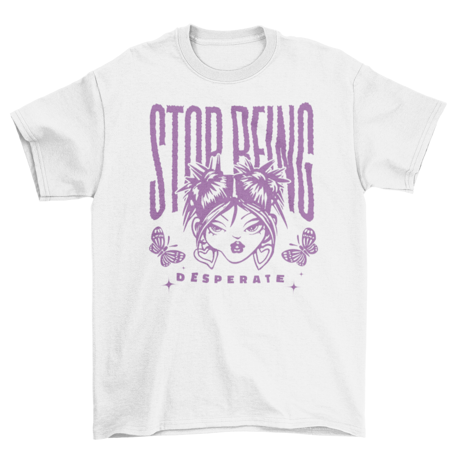 Sassy 2000s doll quote t-shirt featuring a stylish doll and butterflies with the quote 'Stop being desperate'.