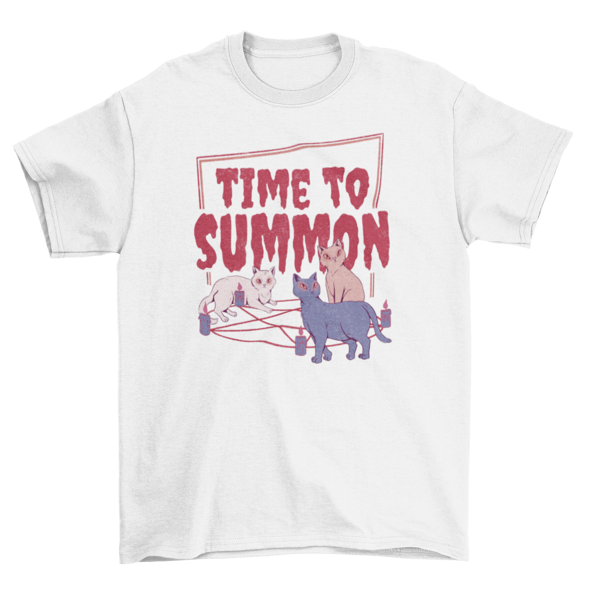 Satanic t-shirt featuring three cats around a pentagram with the quote 'Time to summon'.