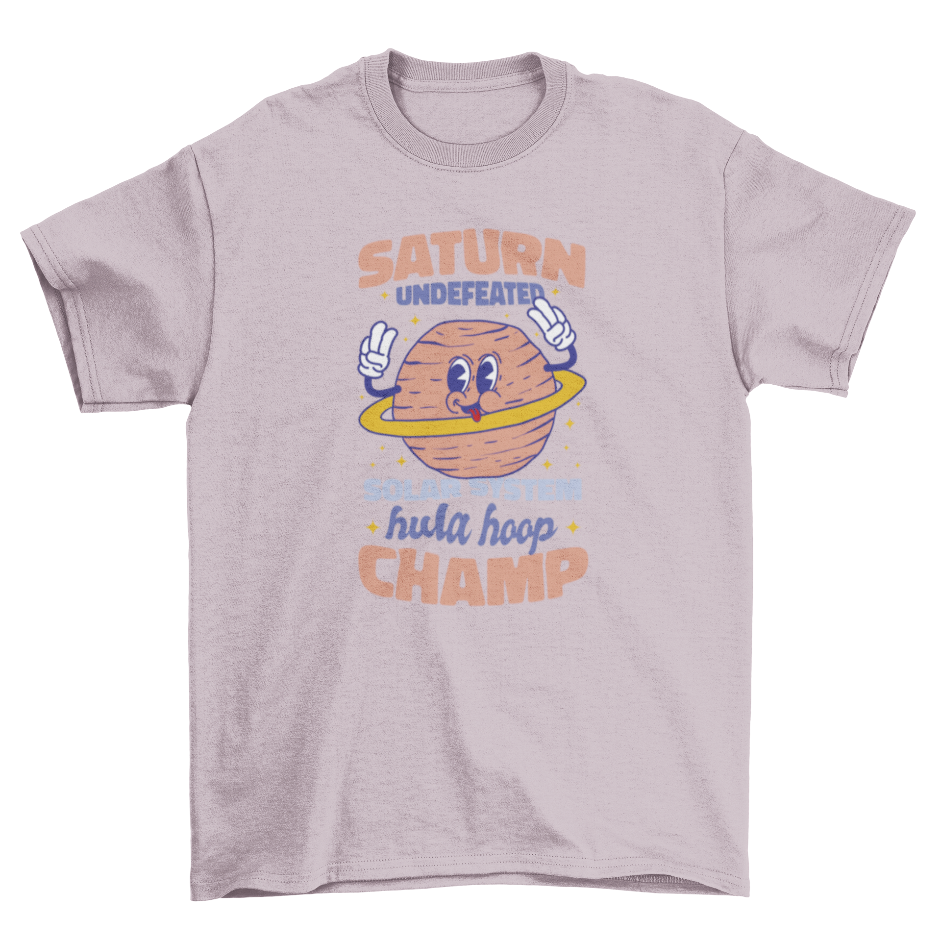 A fun t-shirt featuring a colorful Saturn planet design with the quote 'Saturn undefeated solar system hula hoop champ'.