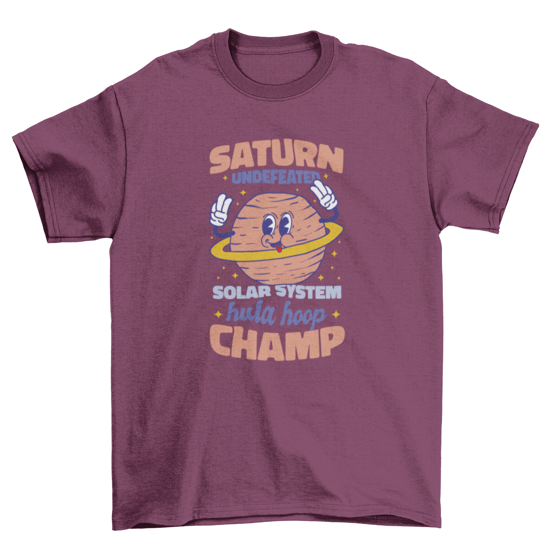 A fun t-shirt featuring a colorful Saturn planet design with the quote 'Saturn undefeated solar system hula hoop champ'.