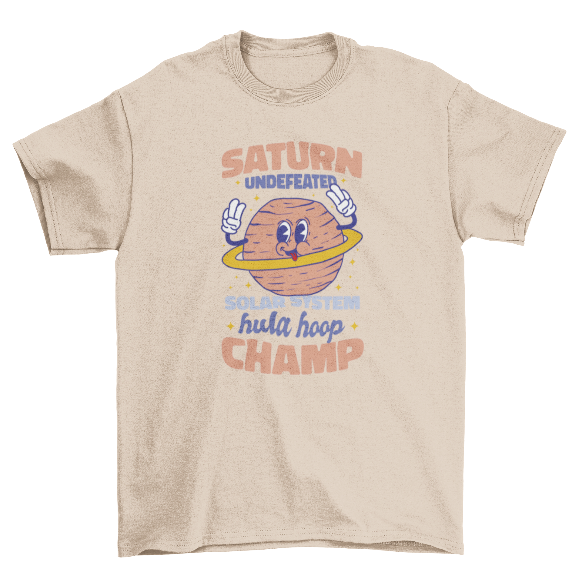 A fun t-shirt featuring a colorful Saturn planet design with the quote 'Saturn undefeated solar system hula hoop champ'.