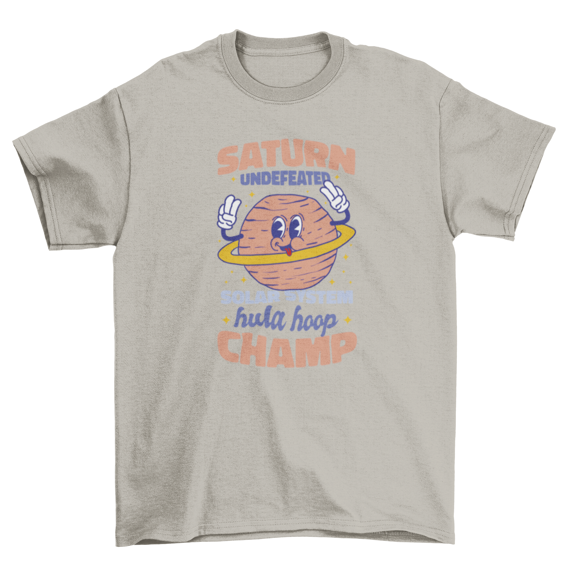 A fun t-shirt featuring a colorful Saturn planet design with the quote 'Saturn undefeated solar system hula hoop champ'.
