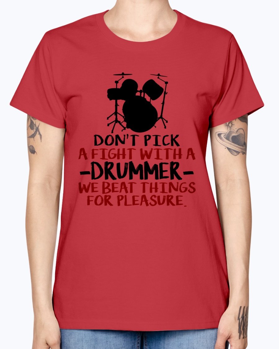 Save A Drum Bang A Drummer Missy T-Shirt in various colors, showcasing its stylish design and comfortable fit.