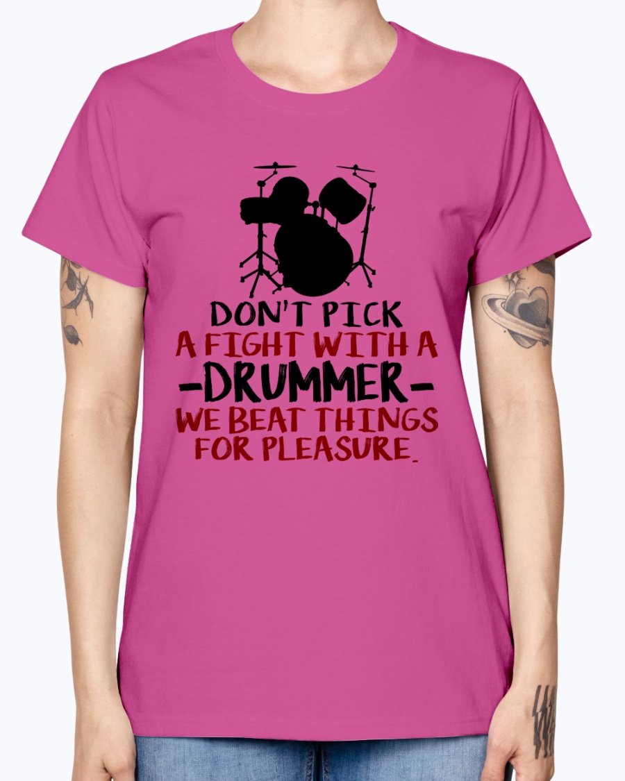 Save A Drum Bang A Drummer Missy T-Shirt in various colors, showcasing its stylish design and comfortable fit.