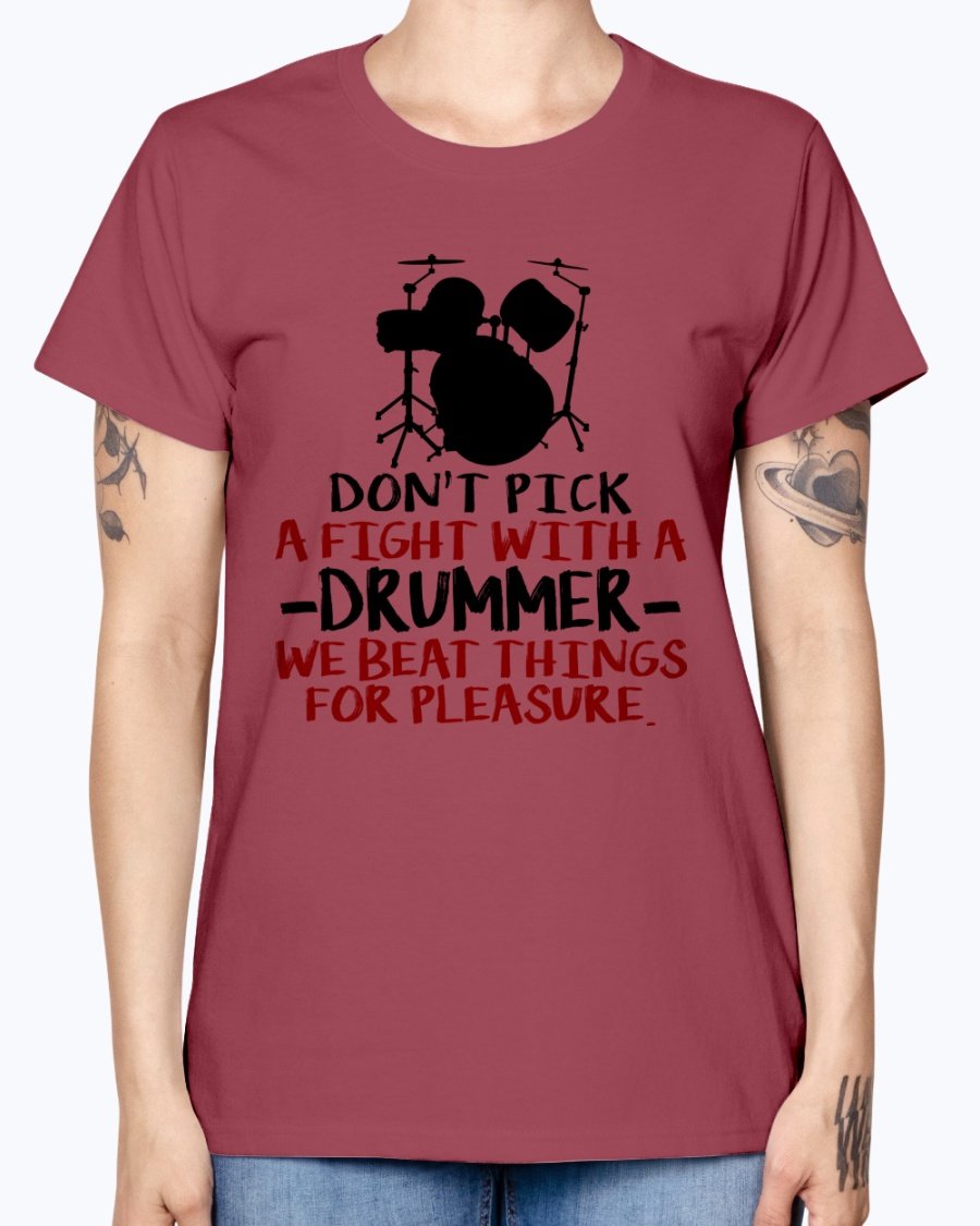 Save A Drum Bang A Drummer Missy T-Shirt in various colors, showcasing its stylish design and comfortable fit.