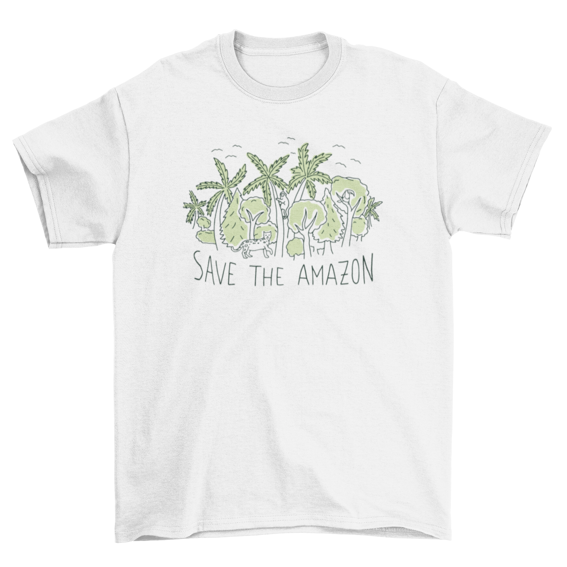 Save the Amazon t-shirt featuring a bold quote design, made from eco-friendly fabric, available in various sizes.