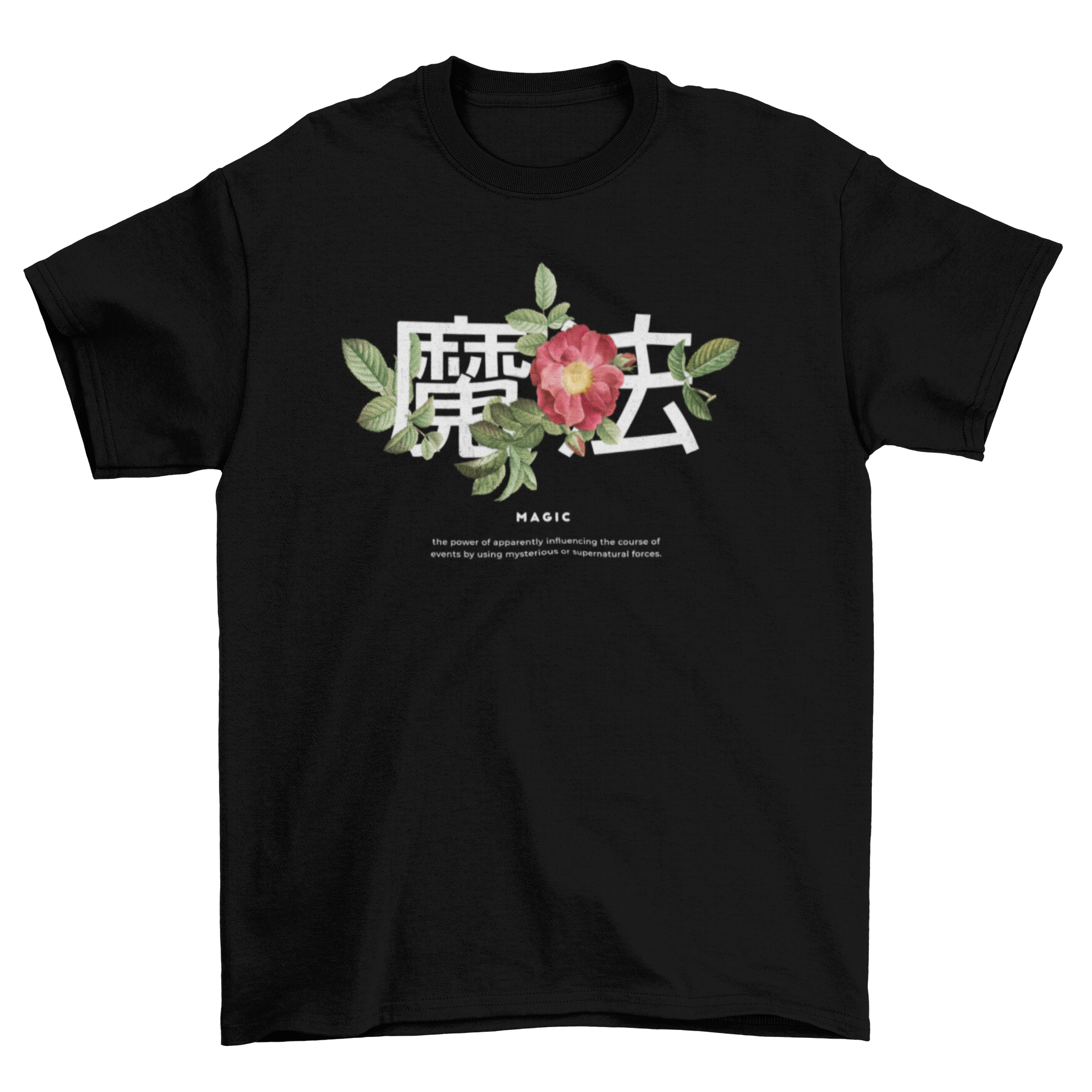 A stylish t-shirt featuring Japanese kanji surrounded by vibrant floral designs in a photographic style.
