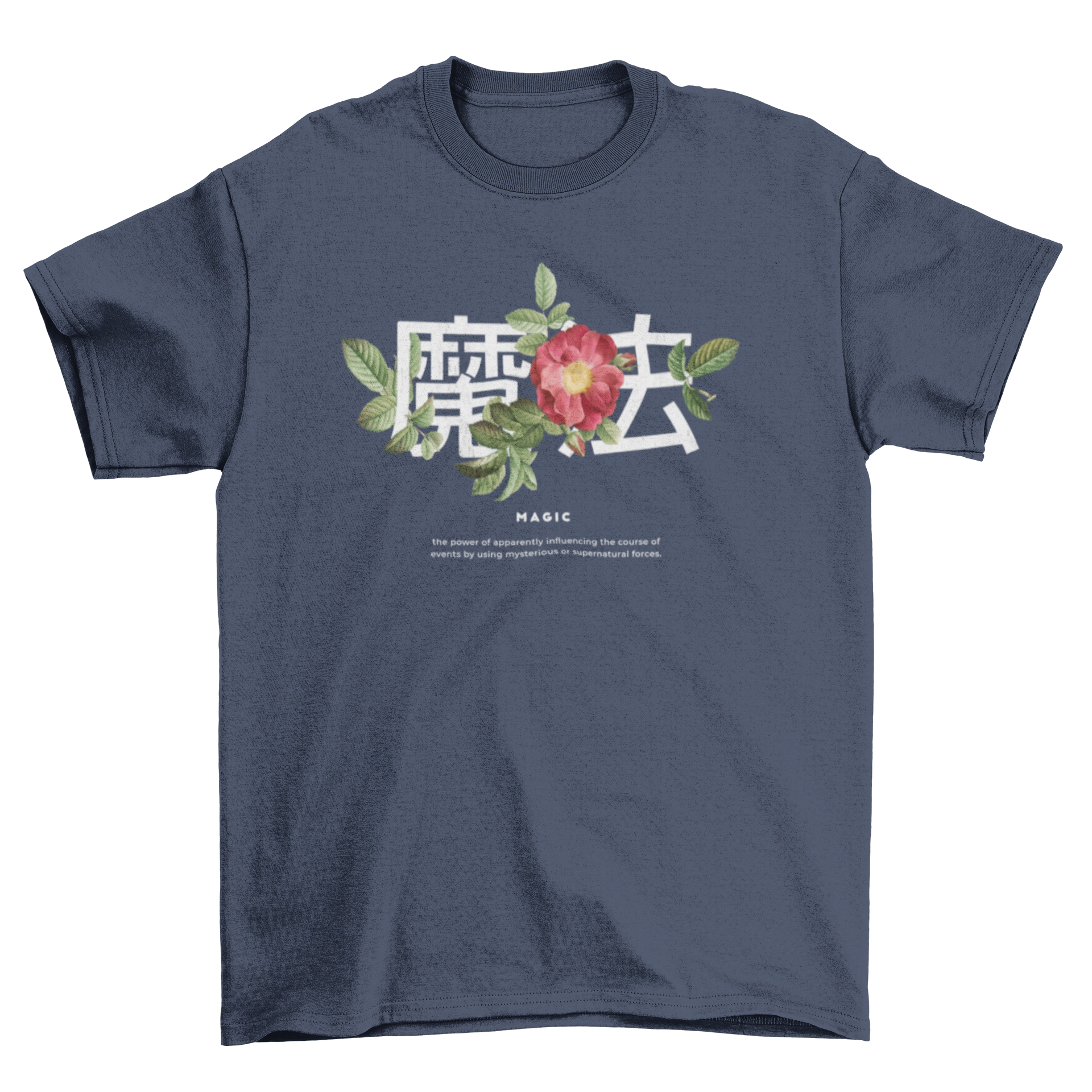 A stylish t-shirt featuring Japanese kanji surrounded by vibrant floral designs in a photographic style.