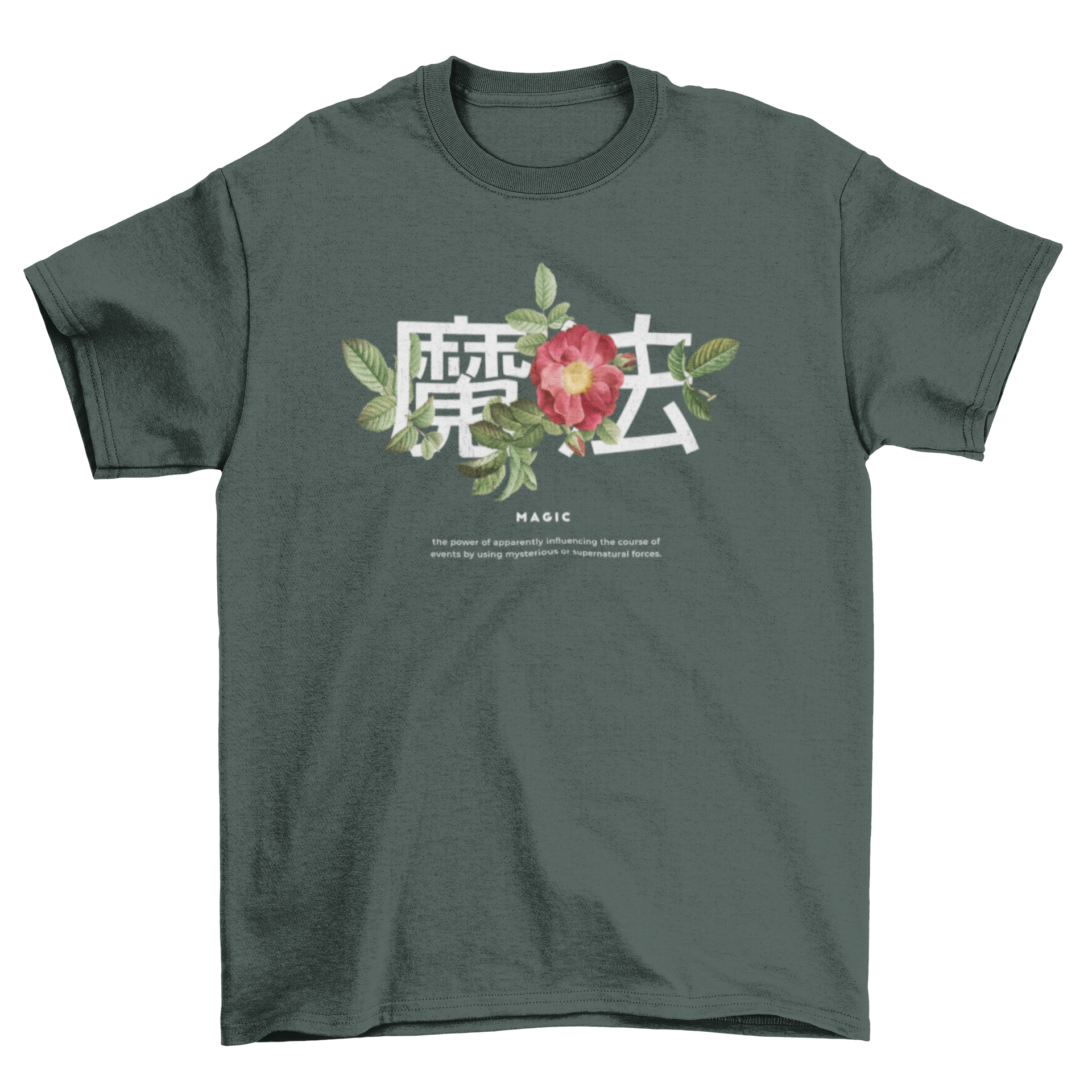 A stylish t-shirt featuring Japanese kanji surrounded by vibrant floral designs in a photographic style.
