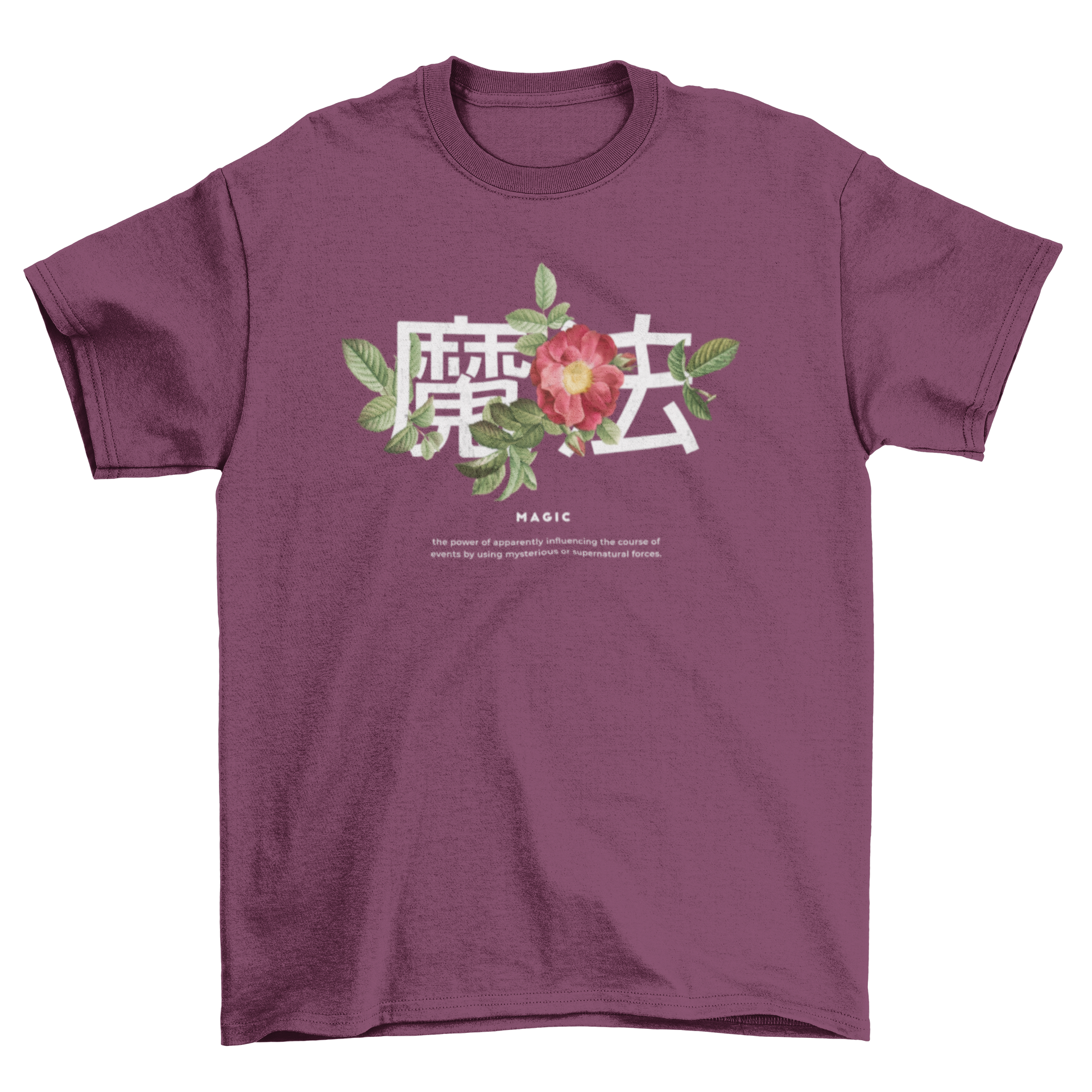 A stylish t-shirt featuring Japanese kanji surrounded by vibrant floral designs in a photographic style.