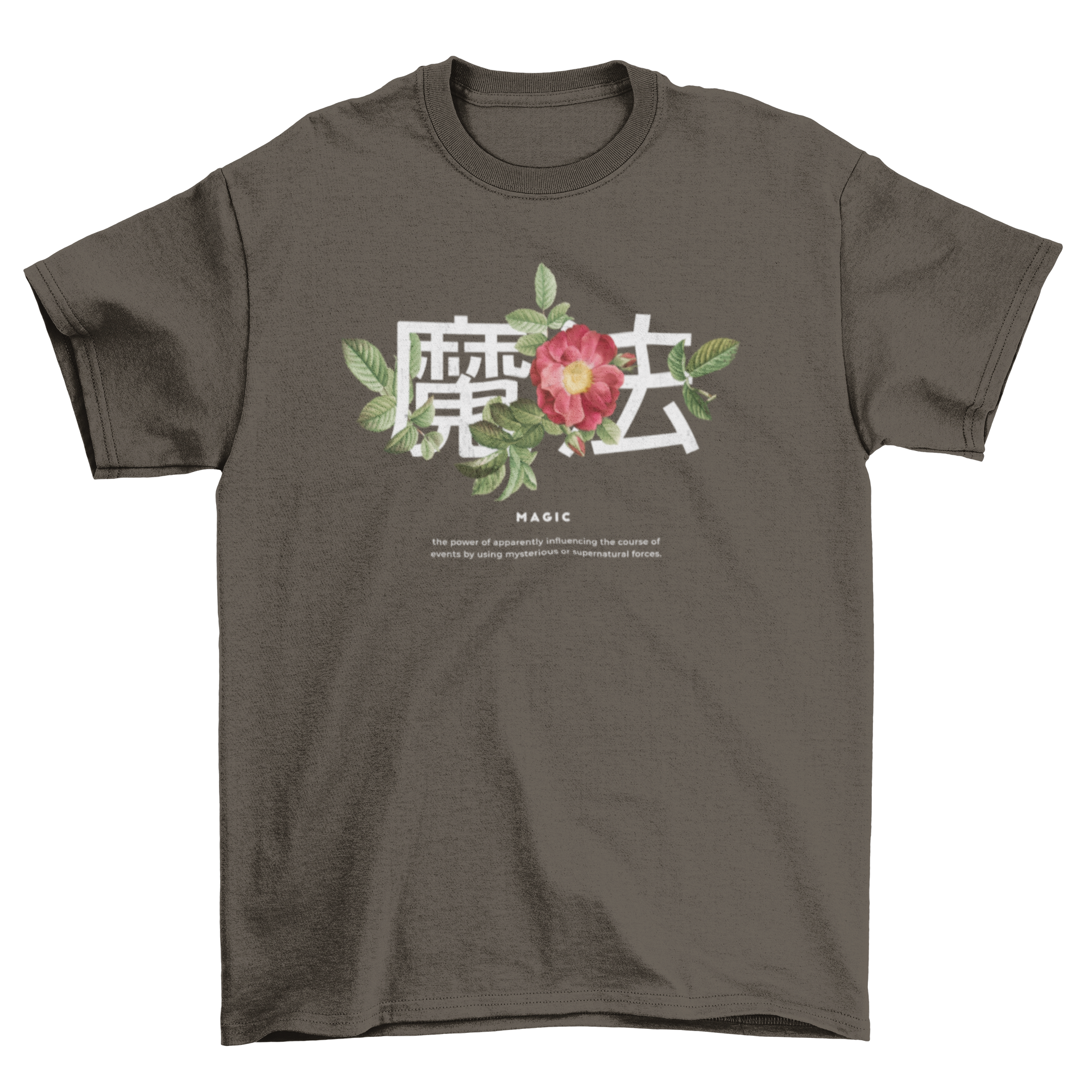 A stylish t-shirt featuring Japanese kanji surrounded by vibrant floral designs in a photographic style.