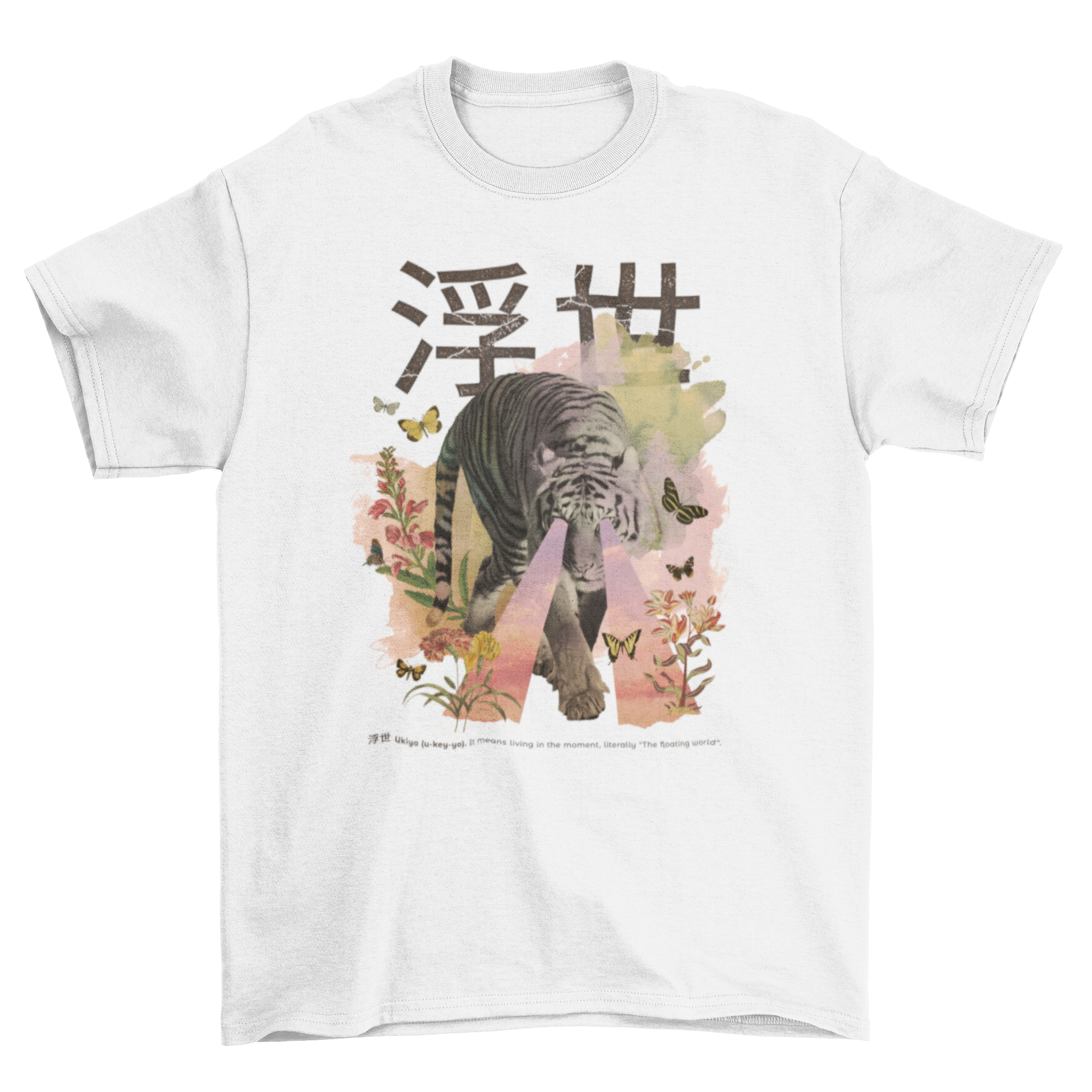 A vibrant t-shirt design featuring a fierce tiger surrounded by colorful flowers and Japanese kanji text in a photographic style.
