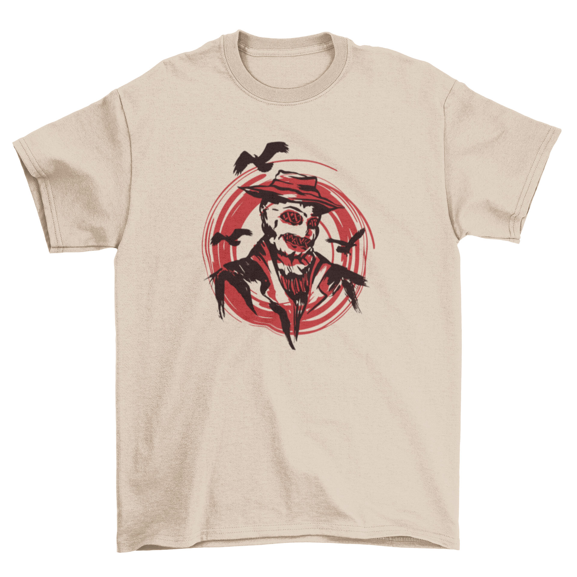 A spooky t-shirt featuring a scarecrow surrounded by ravens, perfect for Halloween.