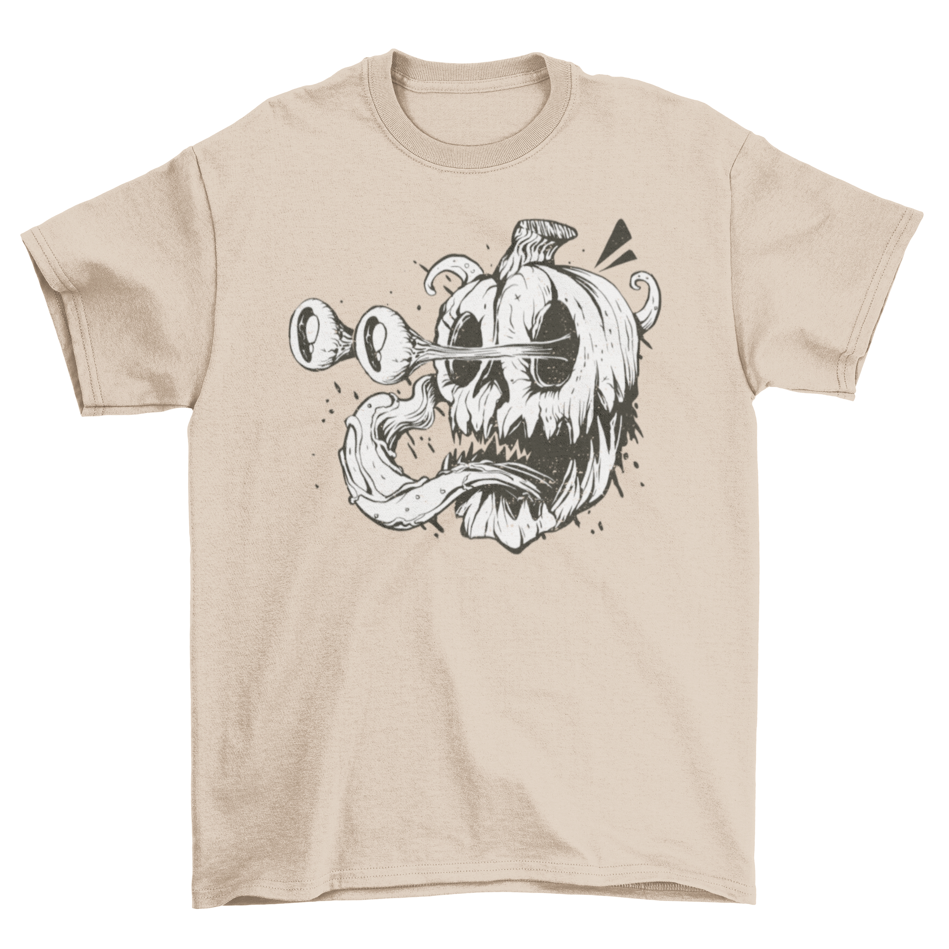 A spooky t-shirt design featuring a scared pumpkin monster with eyeballs popping out, perfect for Halloween.