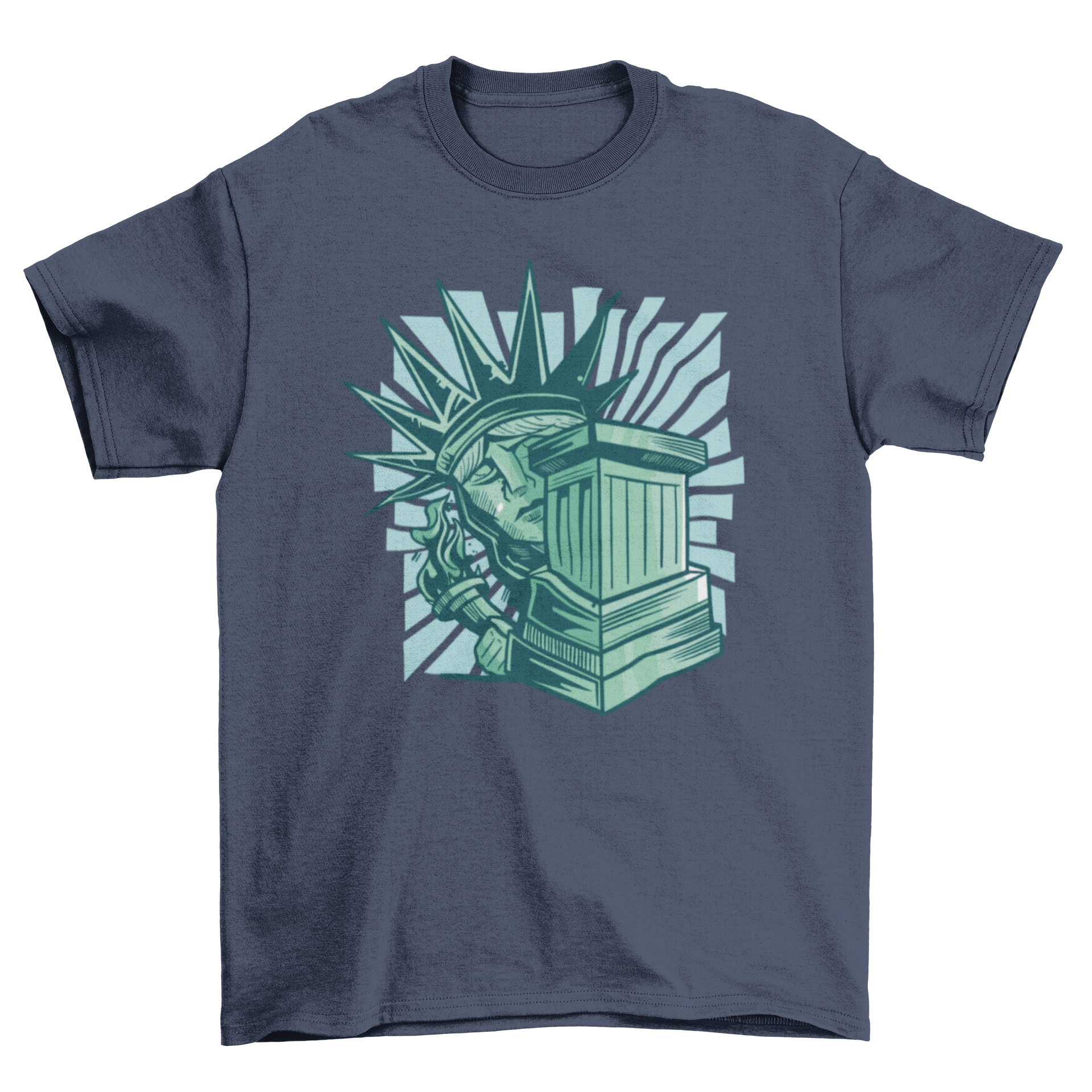 A humorous t-shirt featuring a scared Statue of Liberty hiding behind her base, showcasing a unique and funny design.