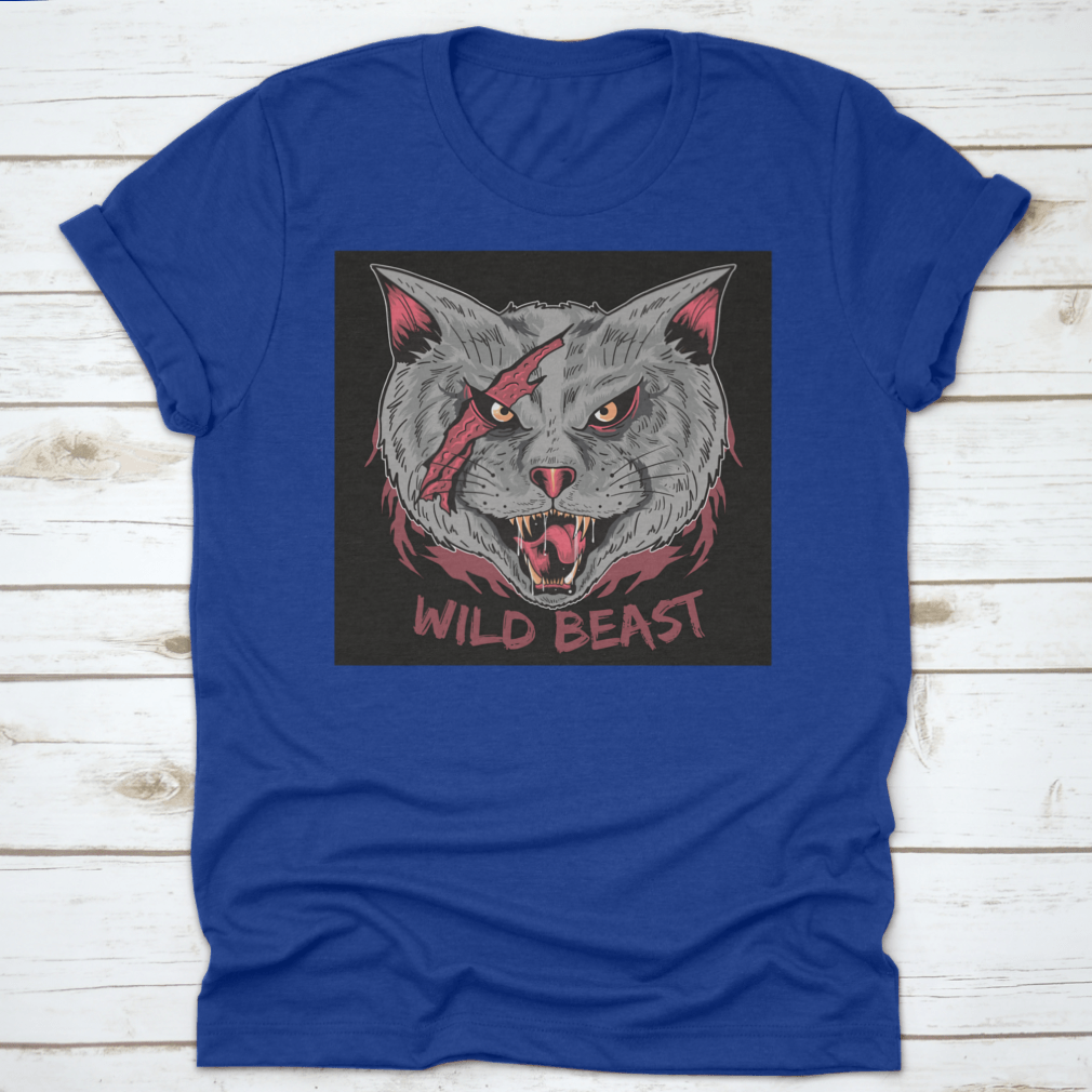 A stylish t-shirt featuring a scary cat with a scratched face and the text 'Wild Beast', perfect for casual wear.