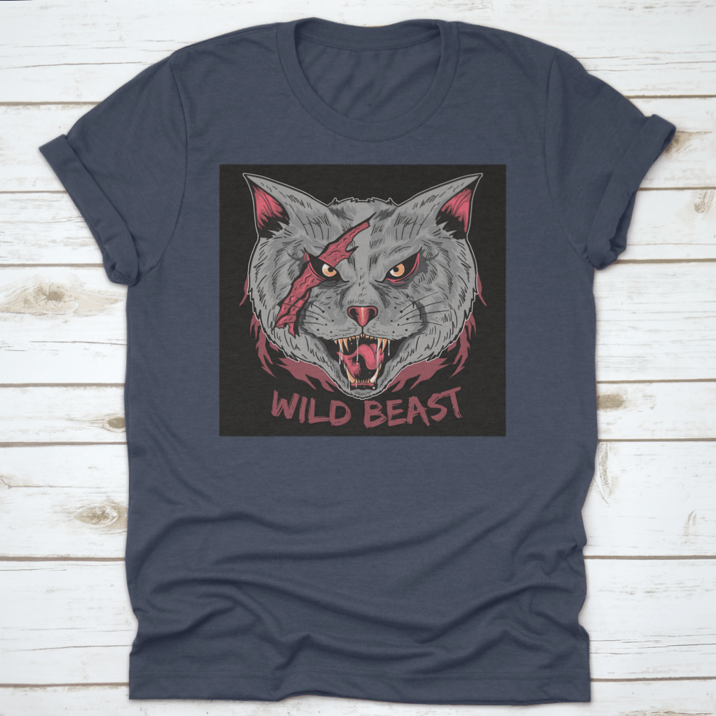 A stylish t-shirt featuring a scary cat with a scratched face and the text 'Wild Beast', perfect for casual wear.