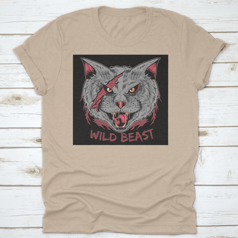 A stylish t-shirt featuring a scary cat with a scratched face and the text 'Wild Beast', perfect for casual wear.
