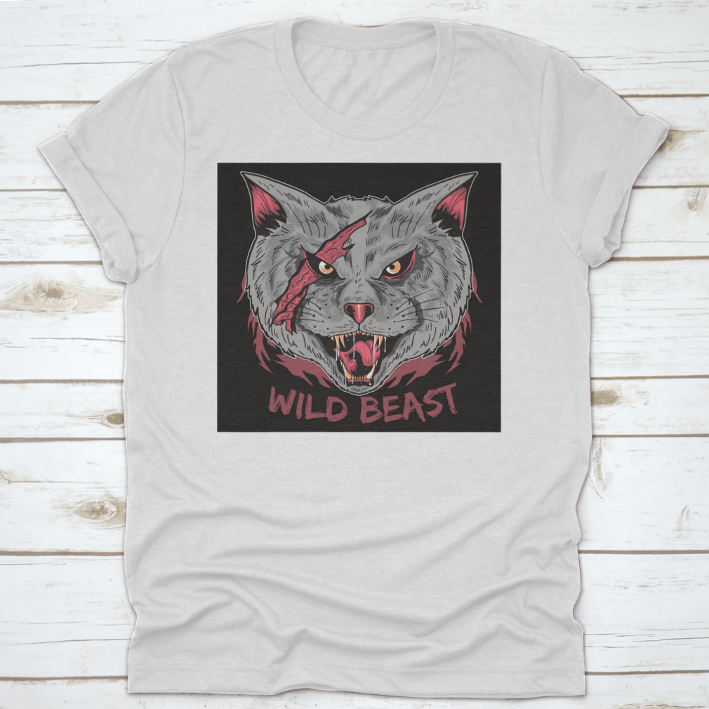 A stylish t-shirt featuring a scary cat with a scratched face and the text 'Wild Beast', perfect for casual wear.