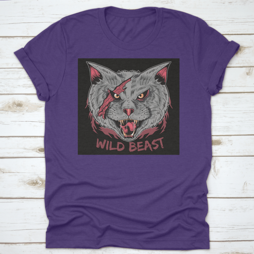 A stylish t-shirt featuring a scary cat with a scratched face and the text 'Wild Beast', perfect for casual wear.