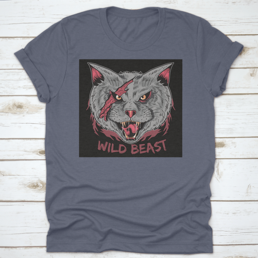 A stylish t-shirt featuring a scary cat with a scratched face and the text 'Wild Beast', perfect for casual wear.
