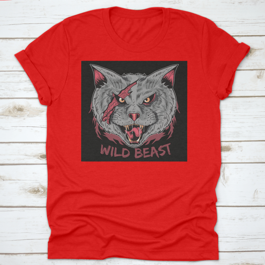 A stylish t-shirt featuring a scary cat with a scratched face and the text 'Wild Beast', perfect for casual wear.