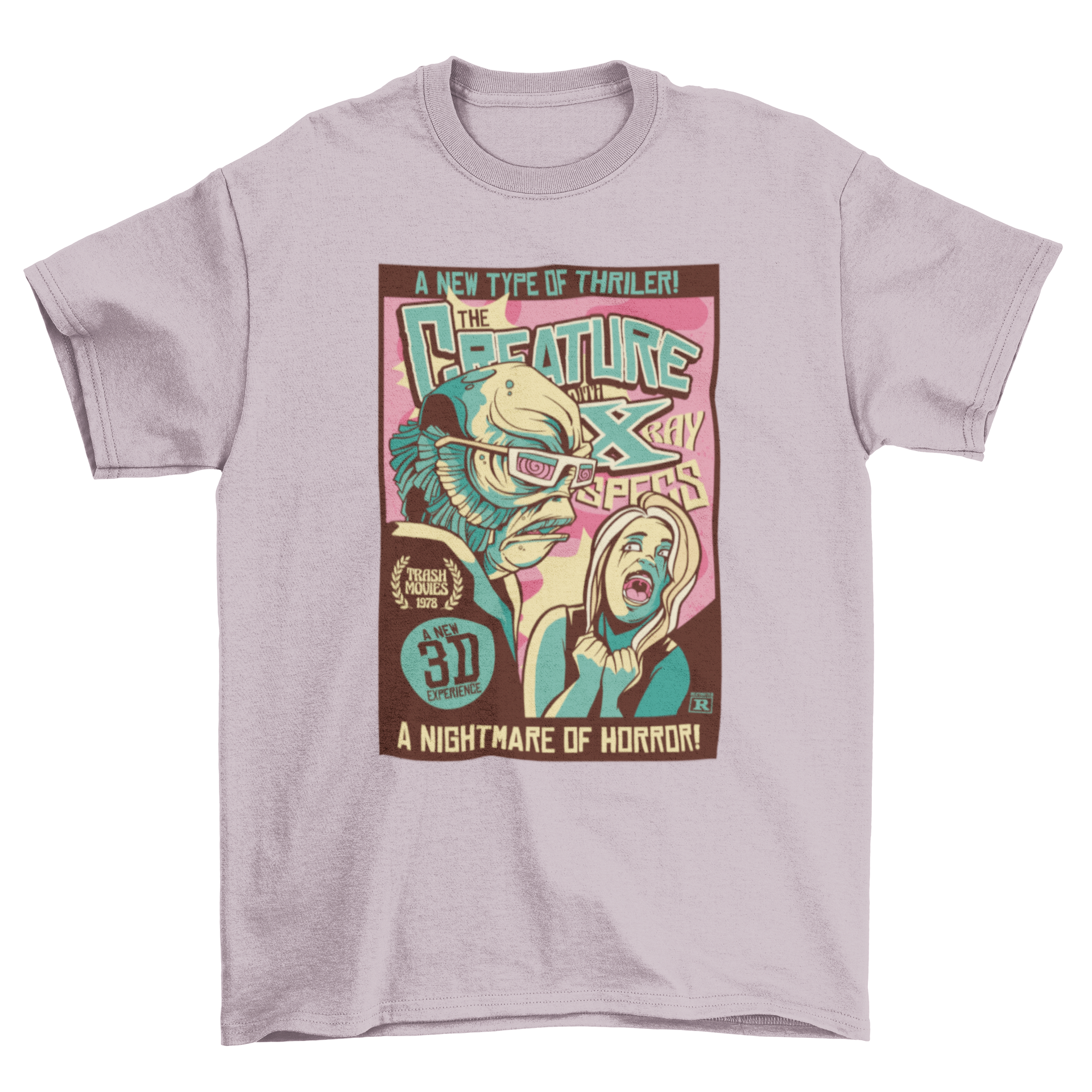 A retro-style t-shirt featuring a scary creature and a woman screaming, showcasing a vintage horror poster design.