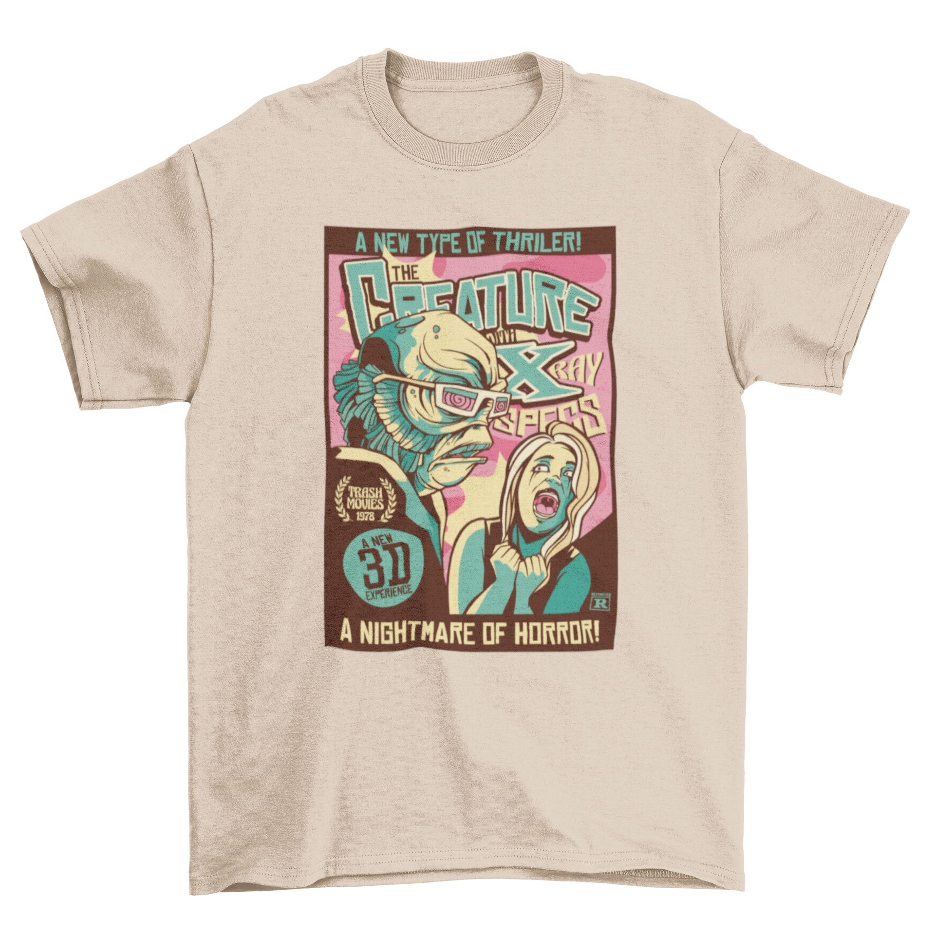 A retro-style t-shirt featuring a scary creature and a woman screaming, showcasing a vintage horror poster design.