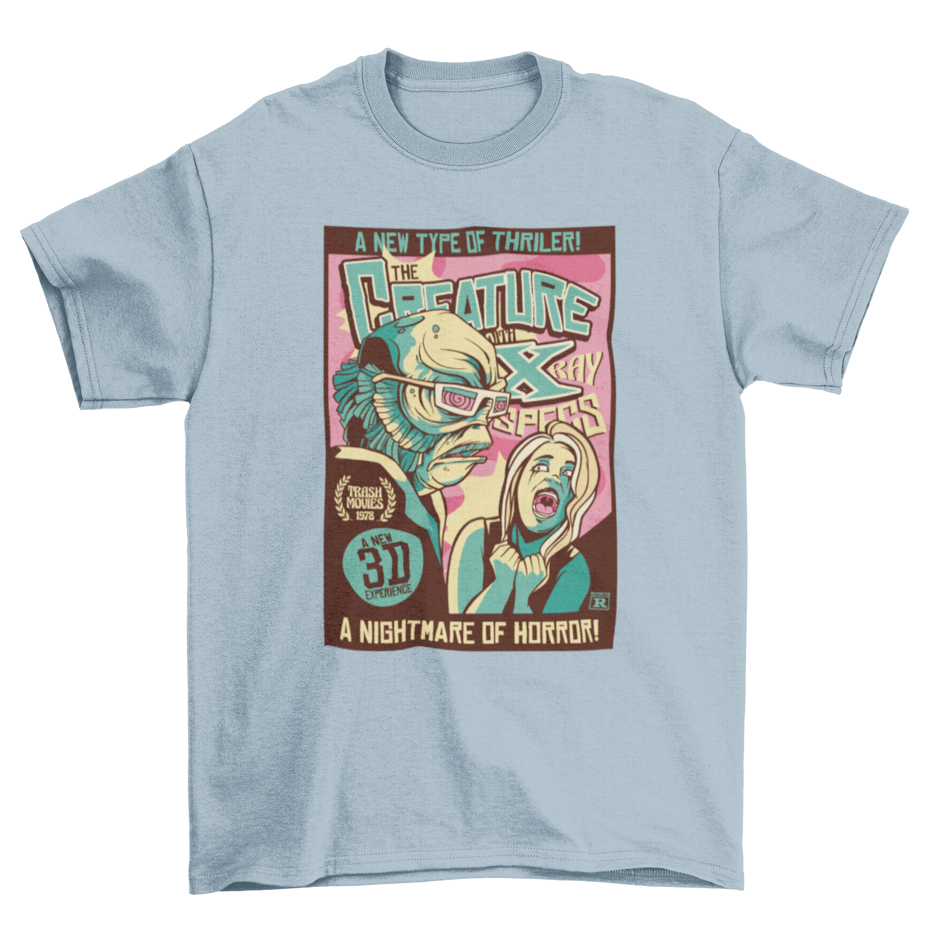 A retro-style t-shirt featuring a scary creature and a woman screaming, showcasing a vintage horror poster design.