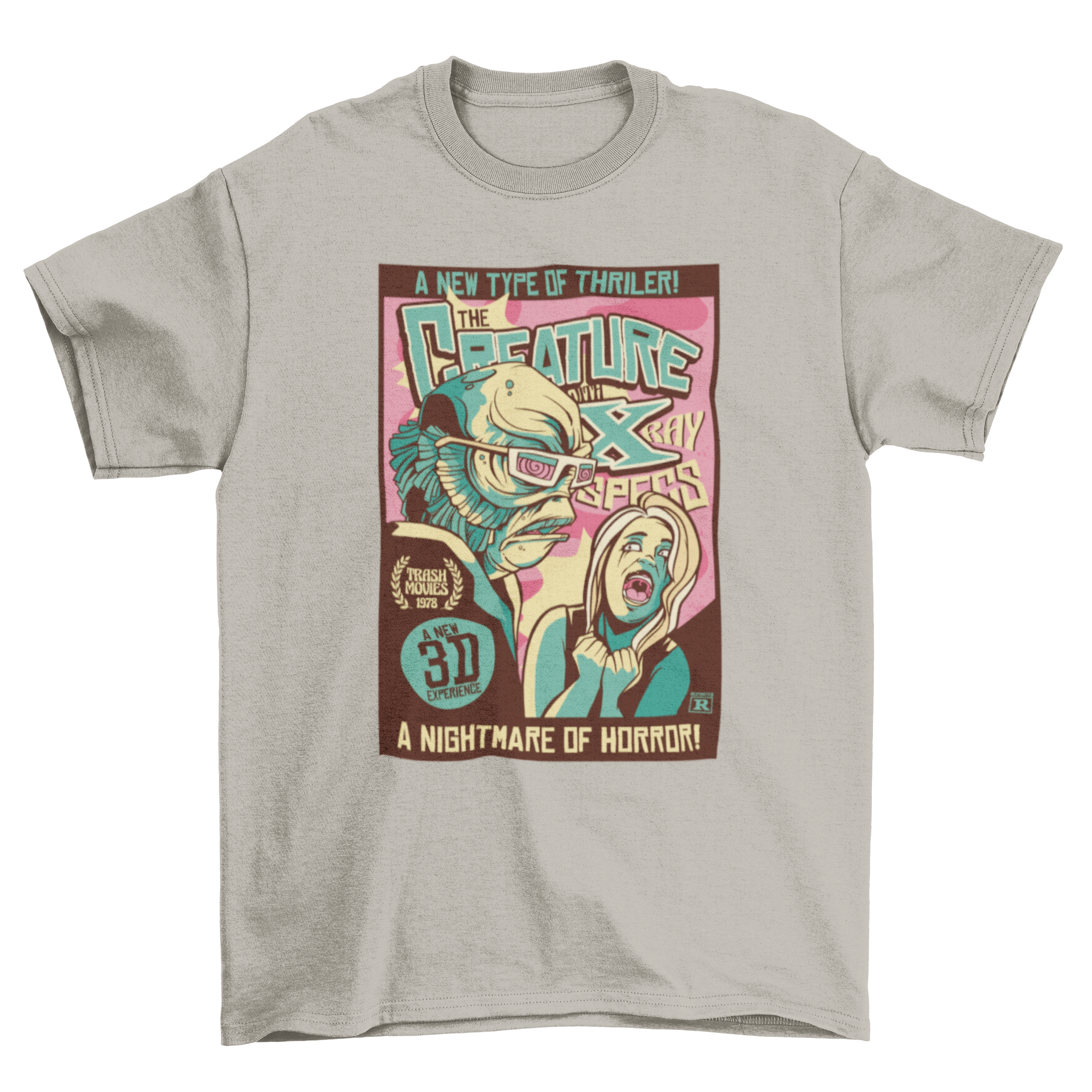 A retro-style t-shirt featuring a scary creature and a woman screaming, showcasing a vintage horror poster design.